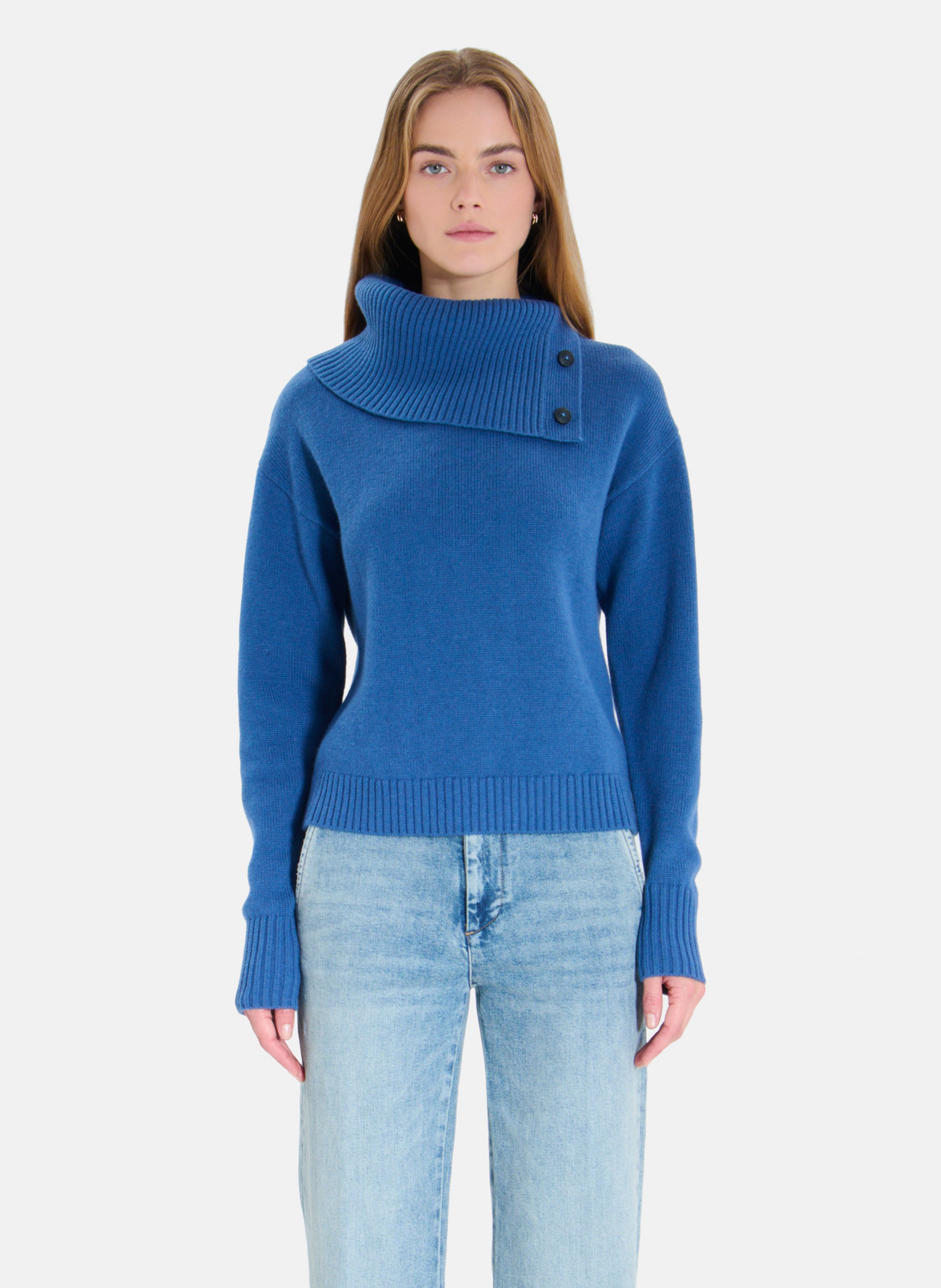 Pull col roulé boutonné en laine ZAPA Bleu