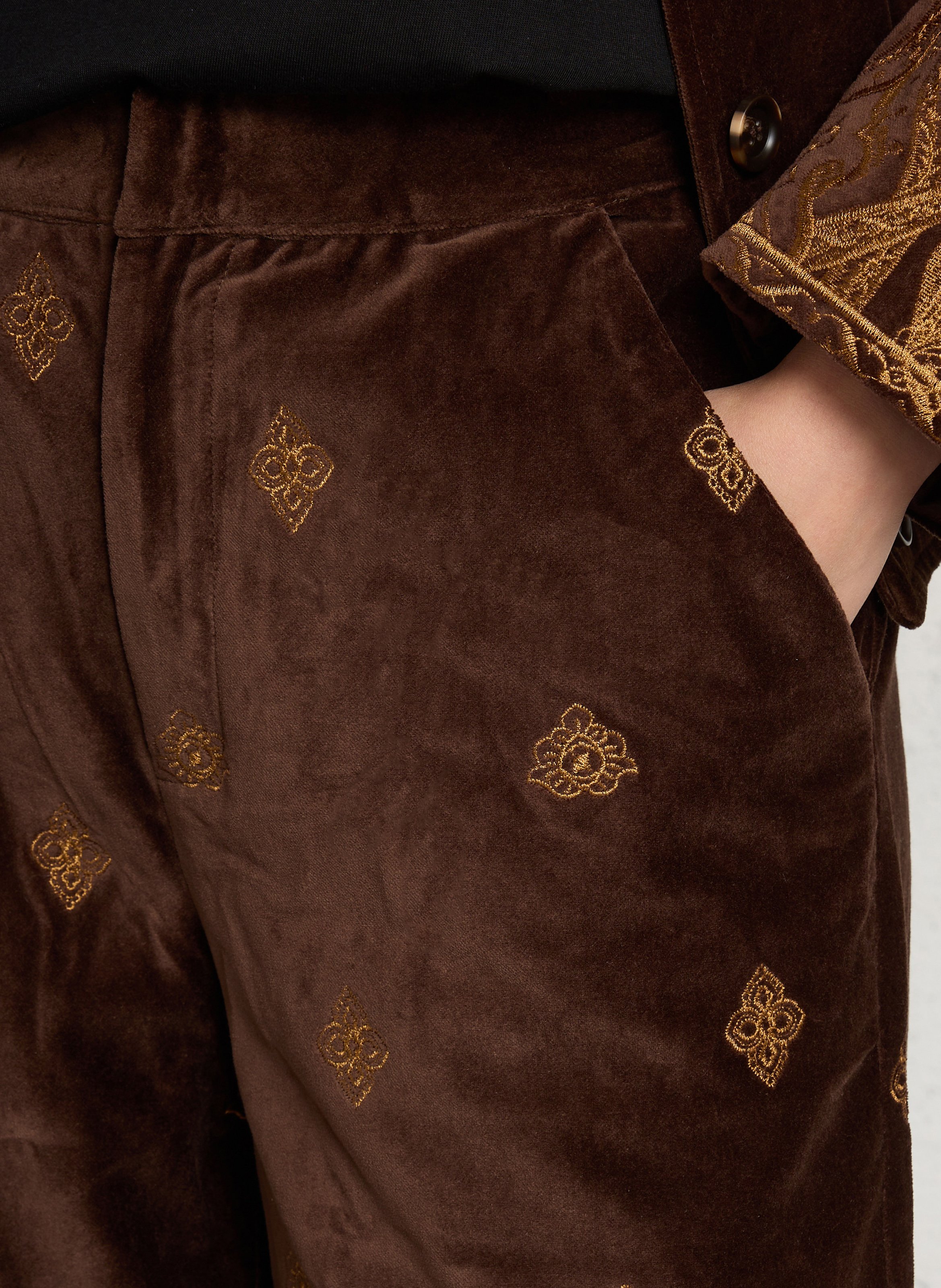Pantalon droit velours brodé en coton LA PETITE ETOILE Marron