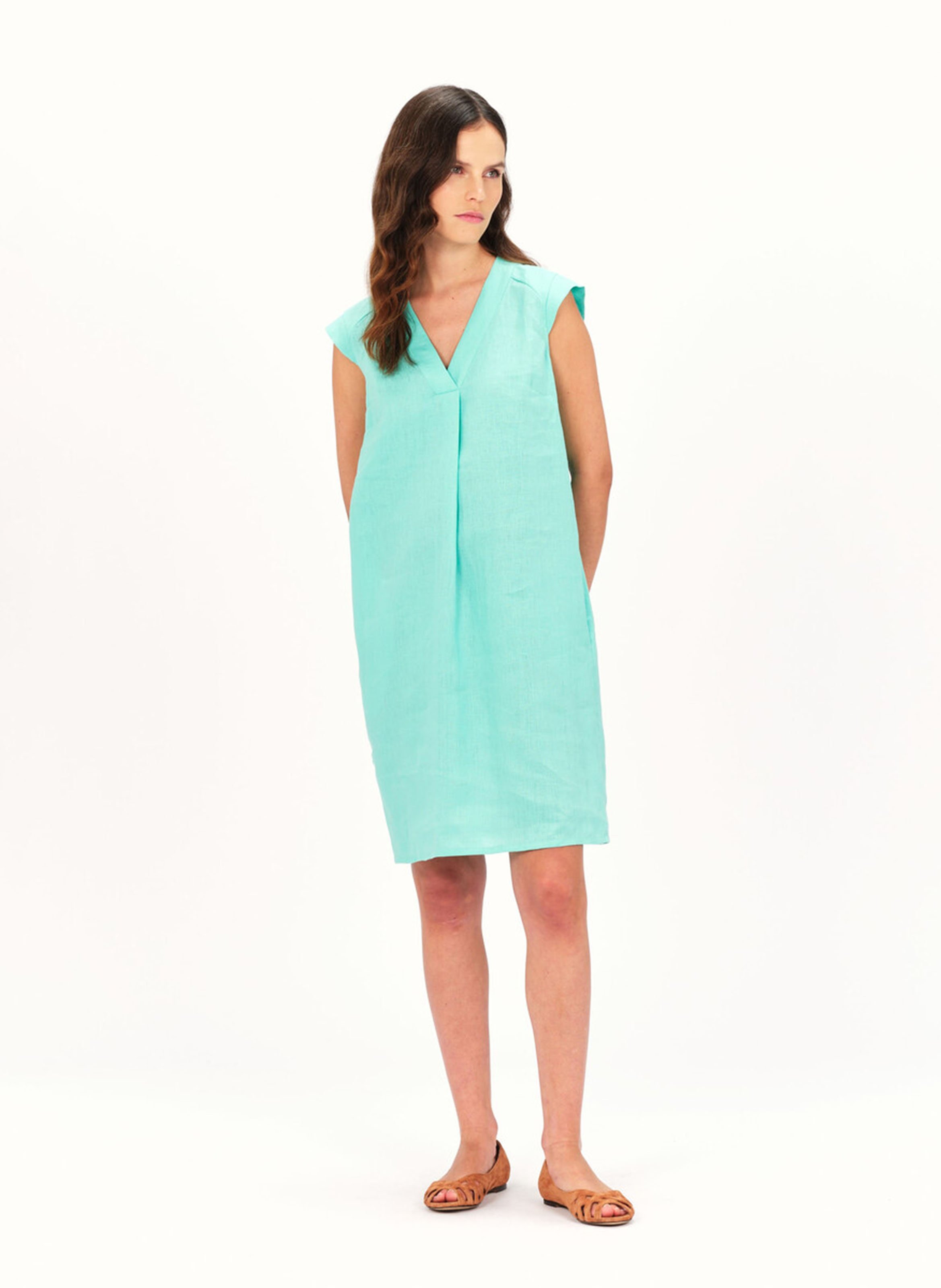 Robe droite col V en lin Vert