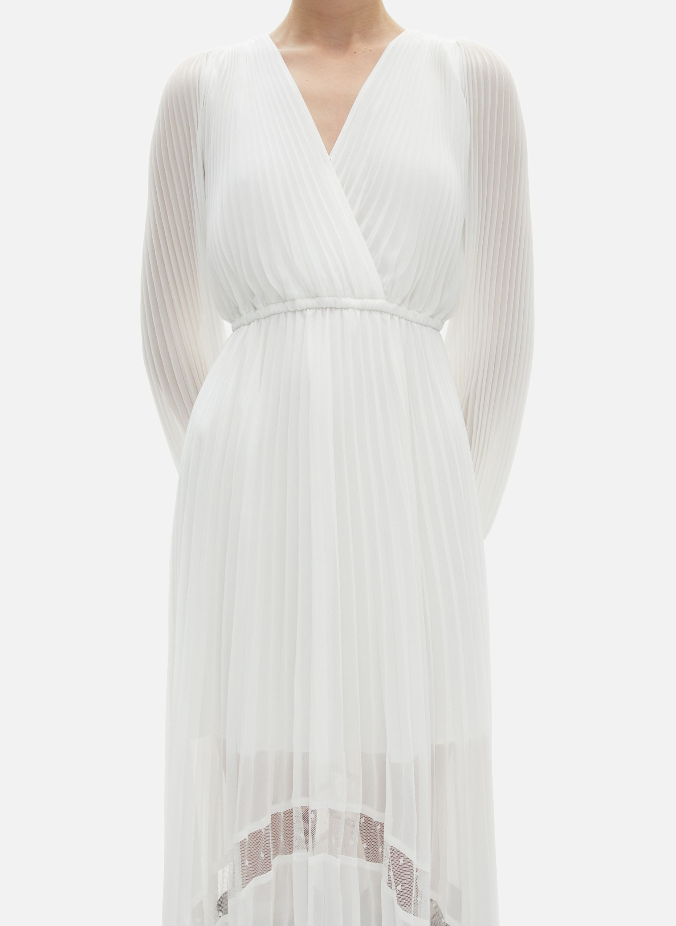 Long fluid dress with lace detail Beige