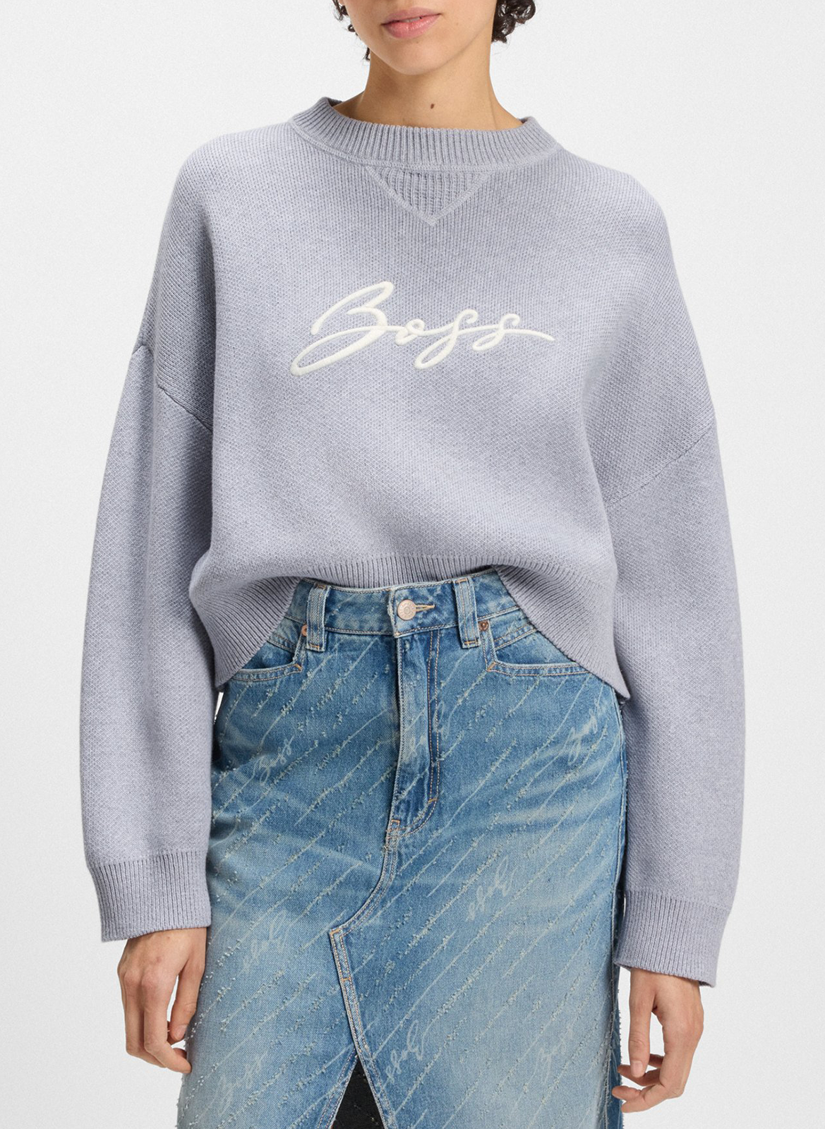 Pull droit en maille à broderie logo BOSS Argent