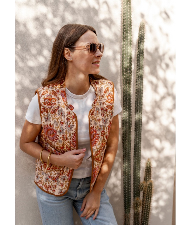 Quilted sleeveless printed indira vest BINDI ATELIER Brown