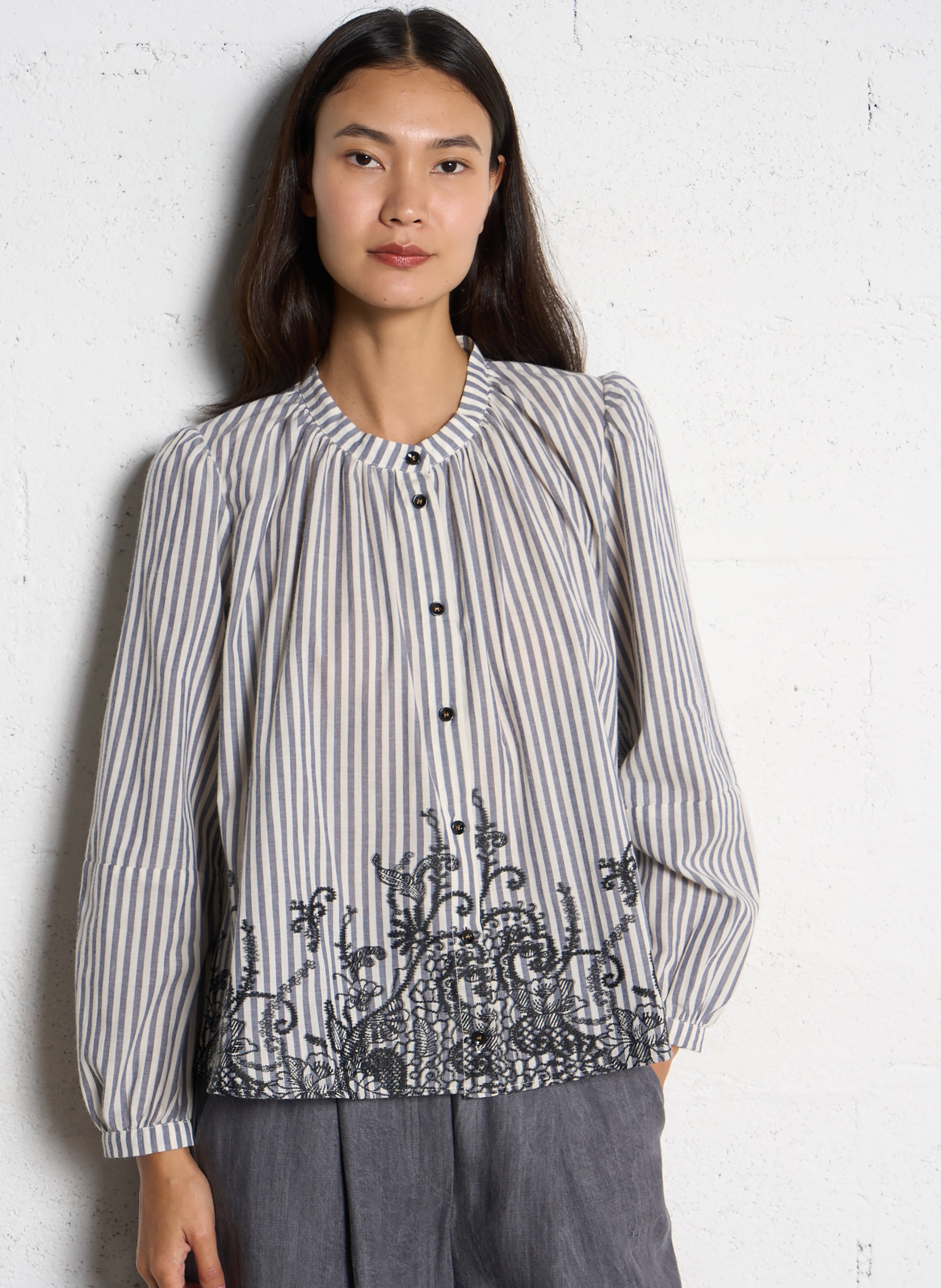 Chemise ample col mao en coton mélangé TINSELS Noir