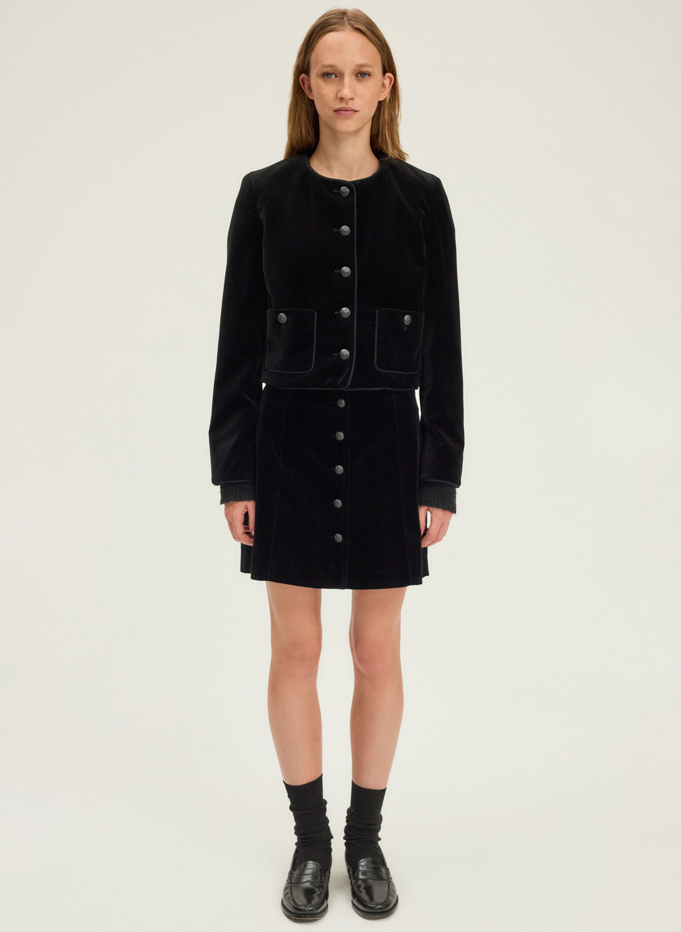 Veste courte droite boutonnée en velours PABLO Noir