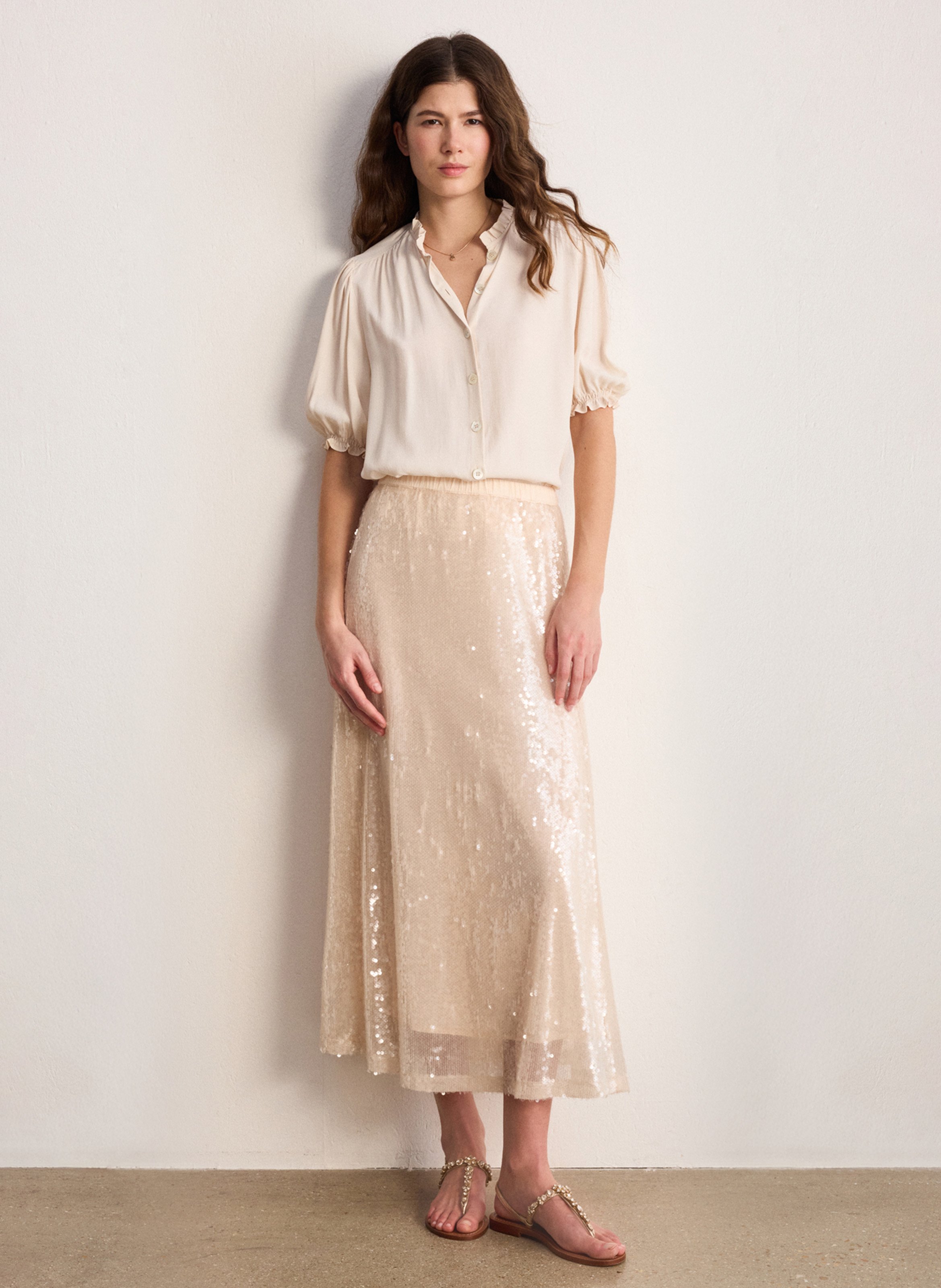 Chemise col montant à volants PABLO Beige