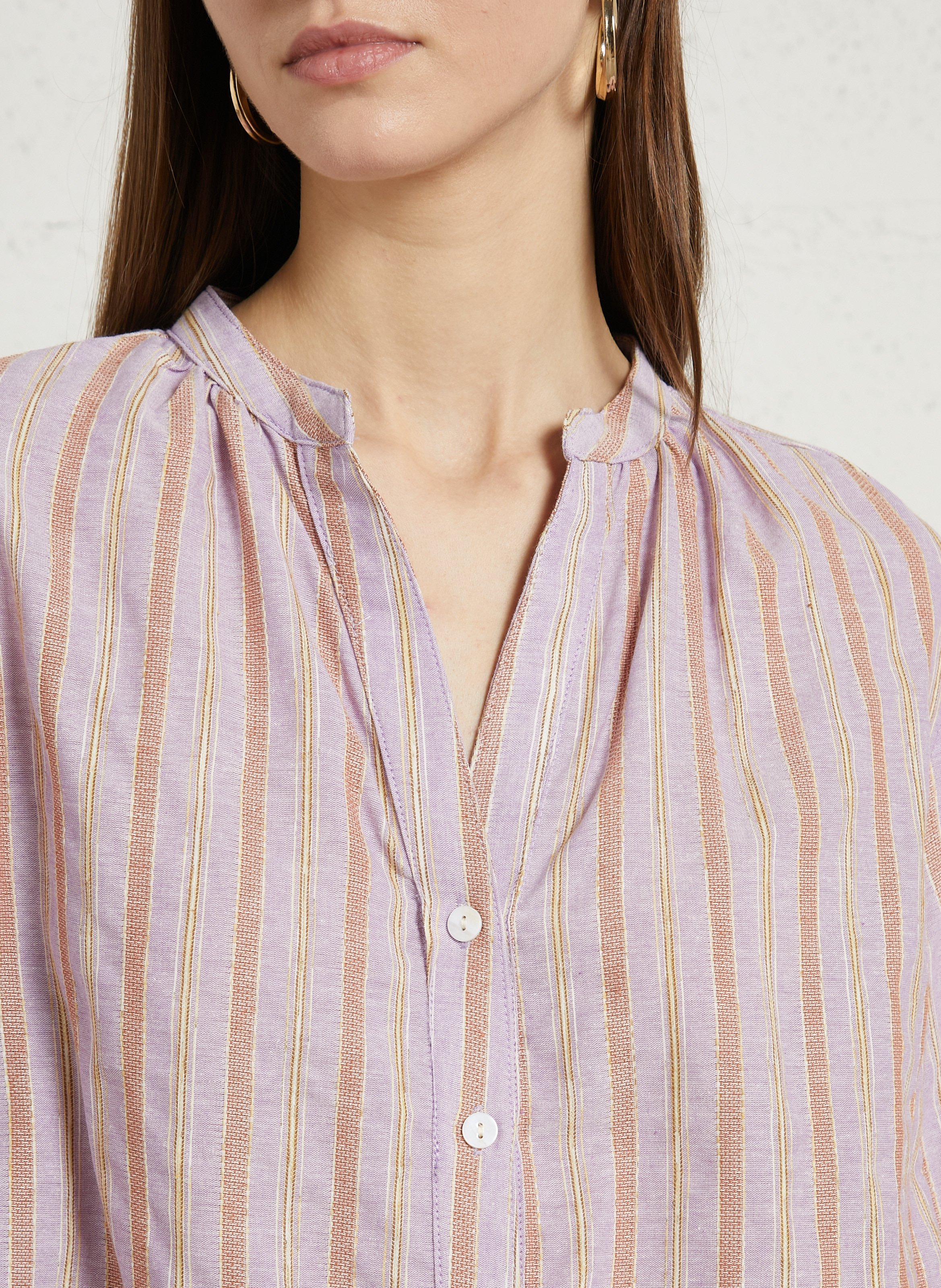 Blouse droite col V en coton rayé THE KORNER Violet