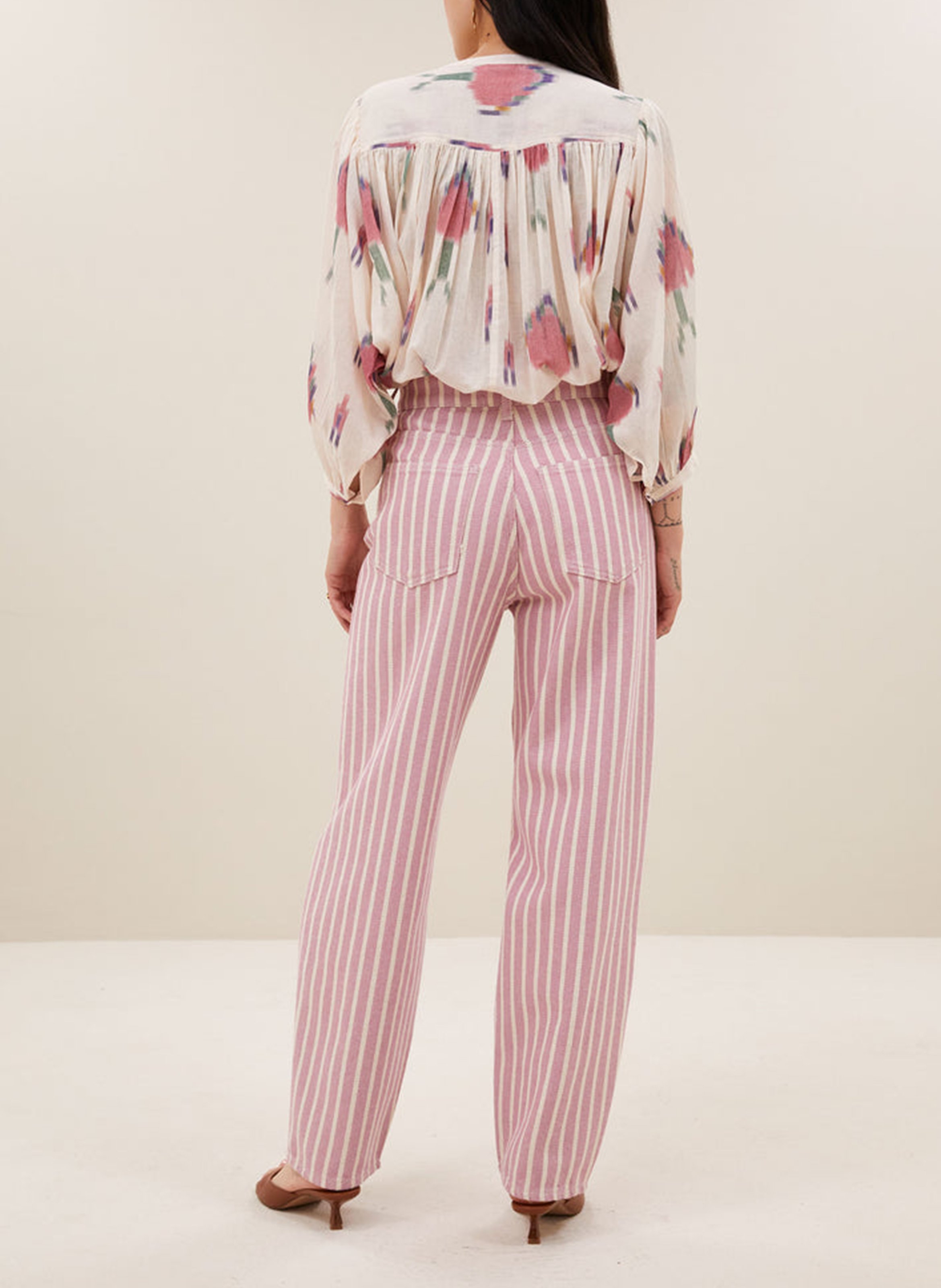 Bandplooibroek met hoge taille en strepen BY BAR Roze