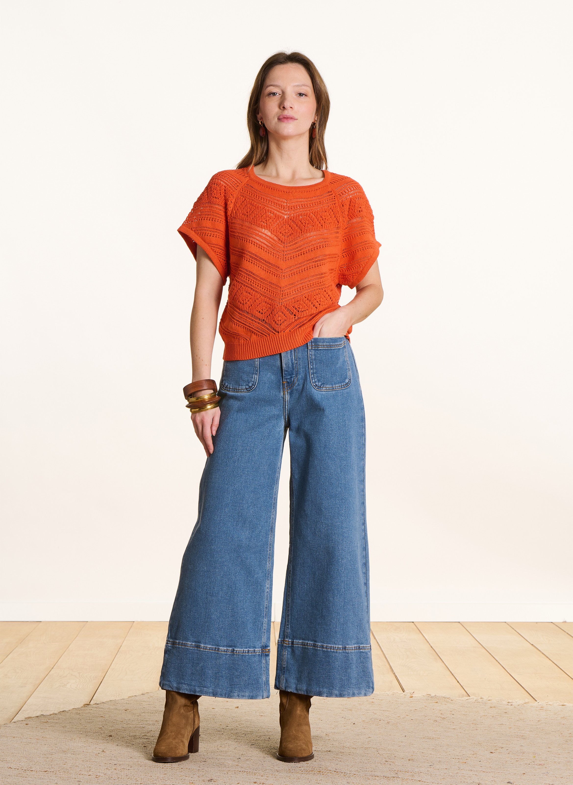Top col rond en coton mélangé LA FEE MARABOUTEE Orange