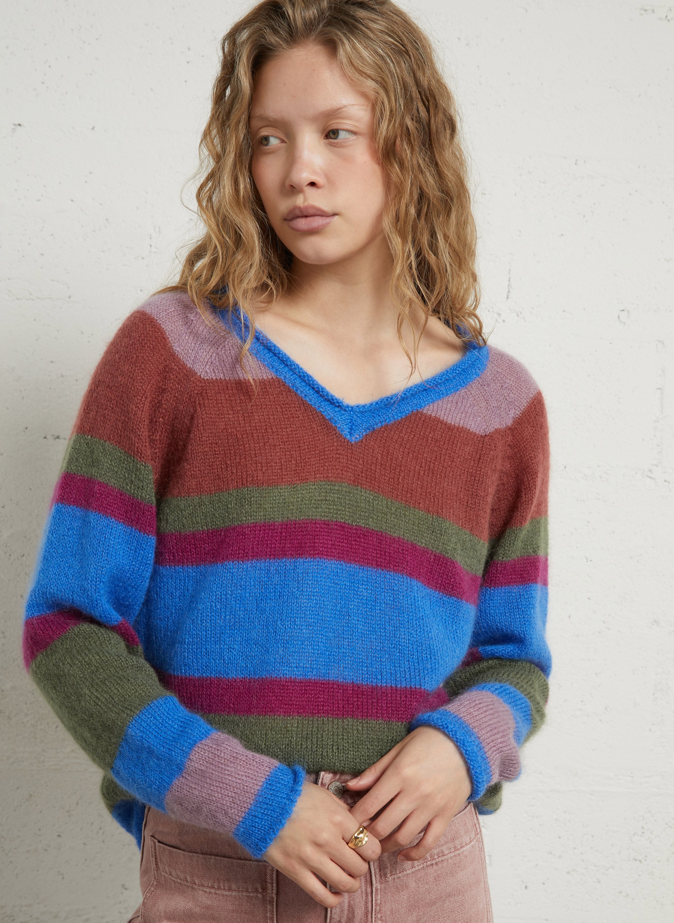Striped mohair-blend V-neck sweater LEON & HARPER Multicolored