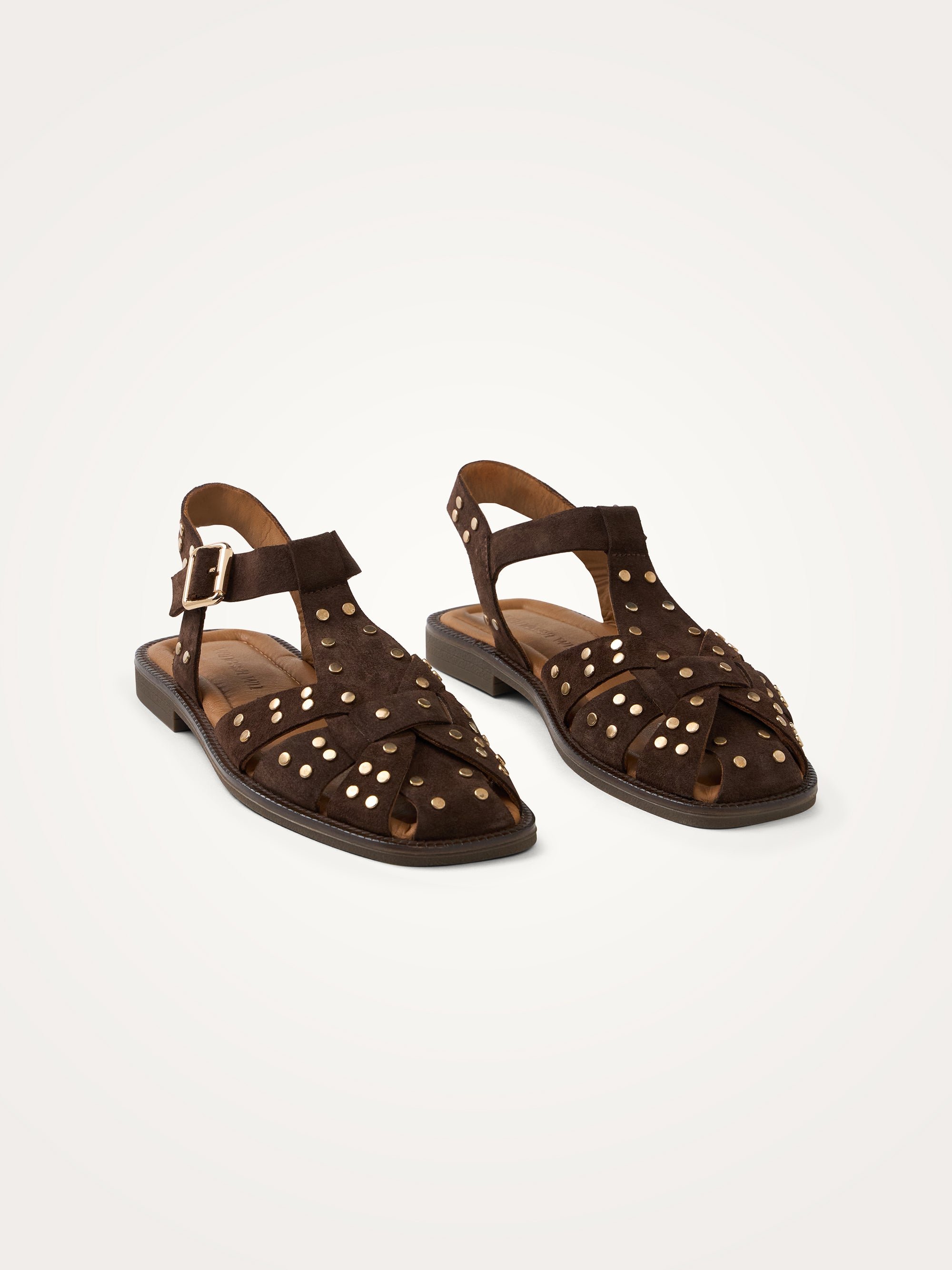 Flat studded suede sandals with wide crisscross straps VANESSA WU Brown