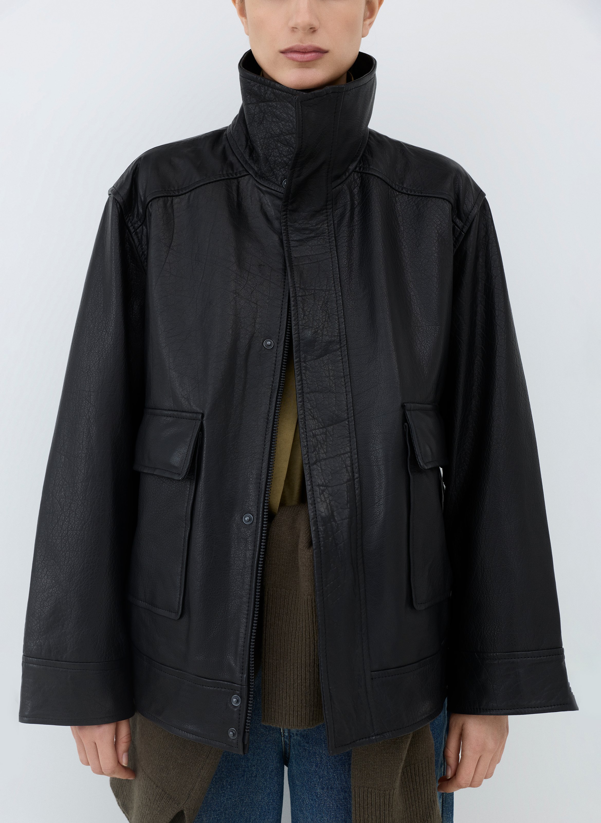 Blouson ample col montant en cuir ROUGE EDIT Gris