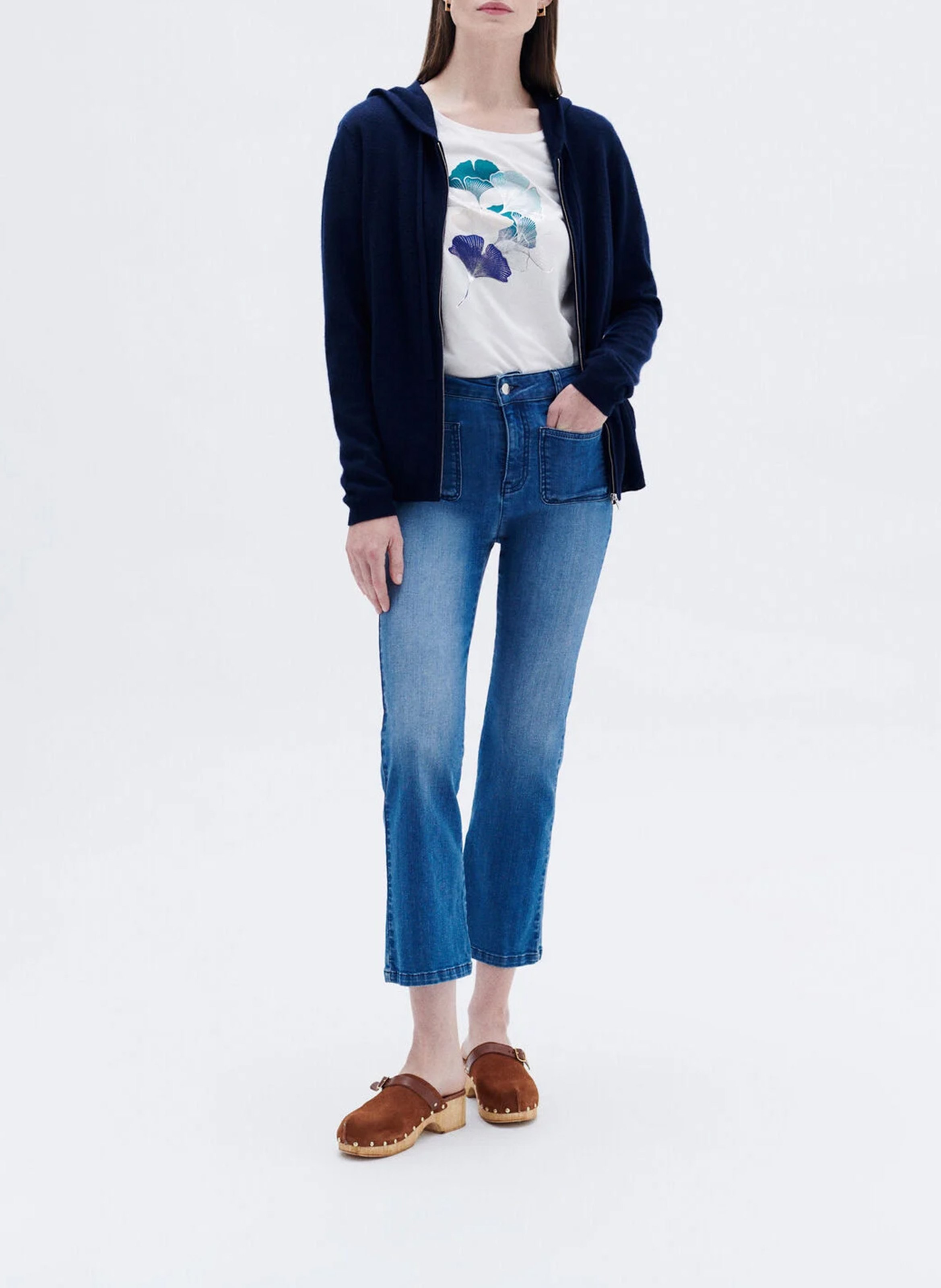 Straight wool and cashmere hooded cardigan CAROLL Blue