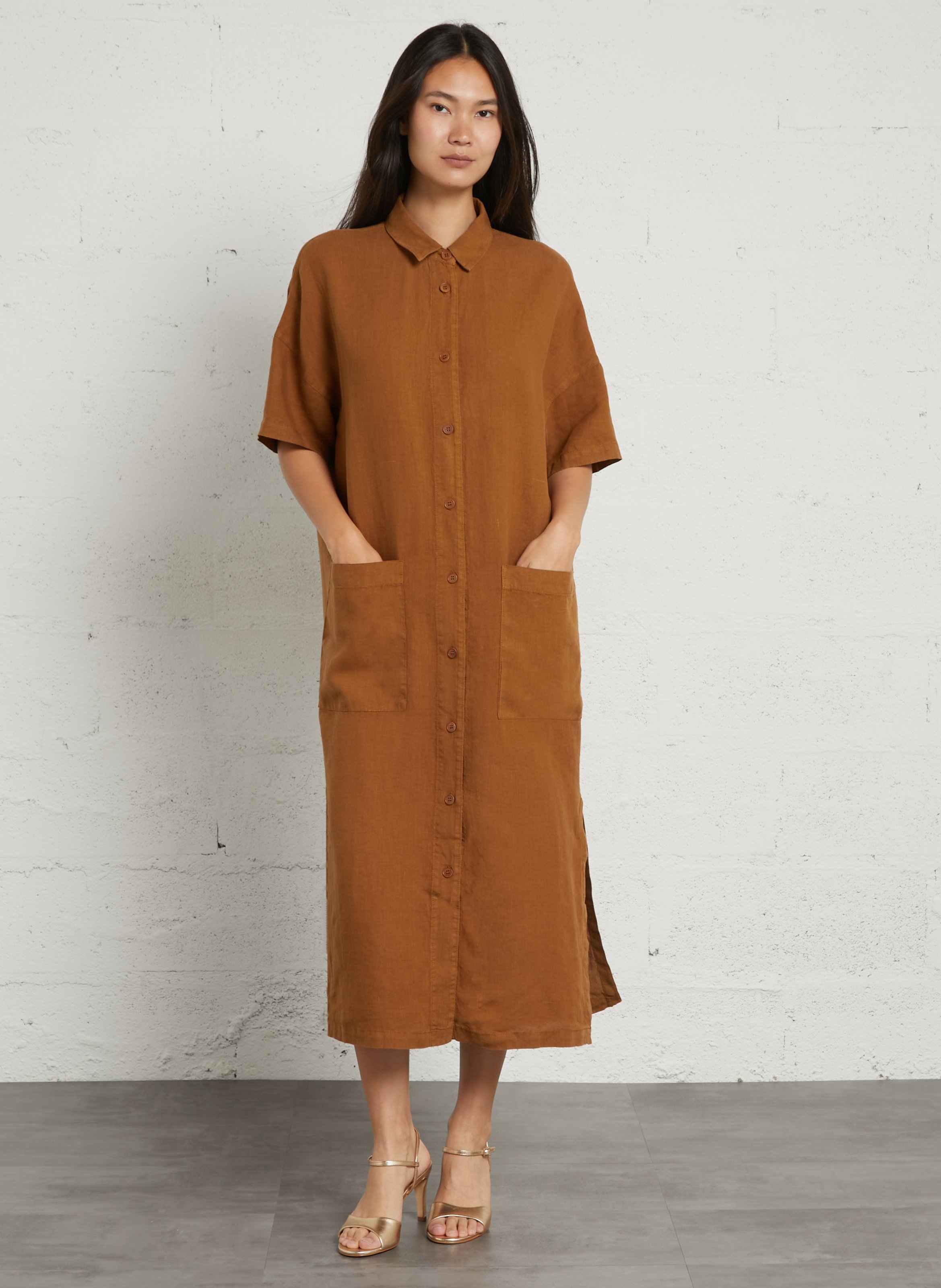 Langes, weites einfarbiges Leinenkleid BENSIMON Braun