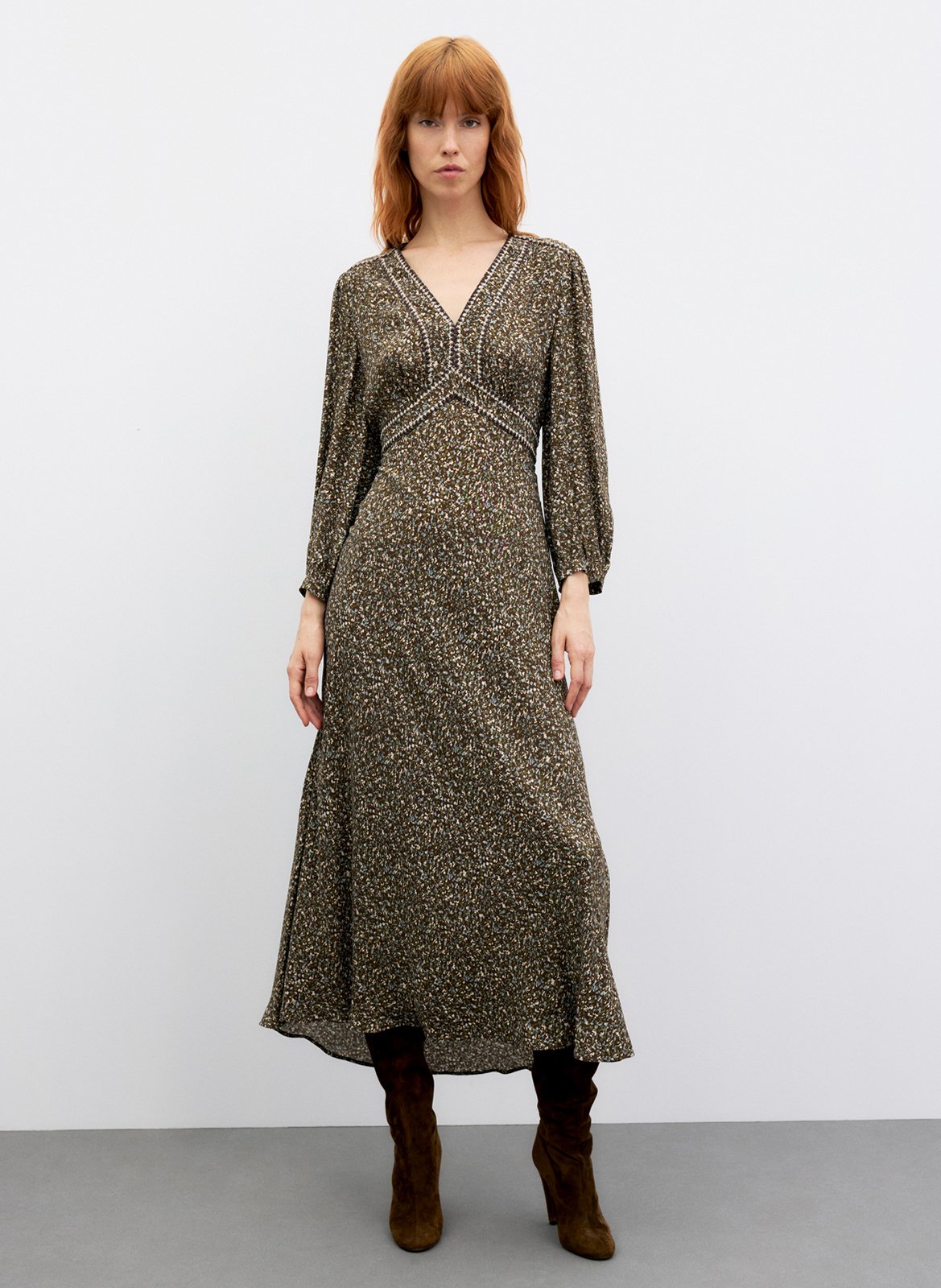 Robe cintrée col V imprimée GERARD DAREL Kaki