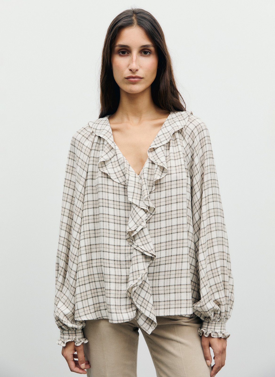 V-neck checked shirt with ruffles GERARD DAREL Beige