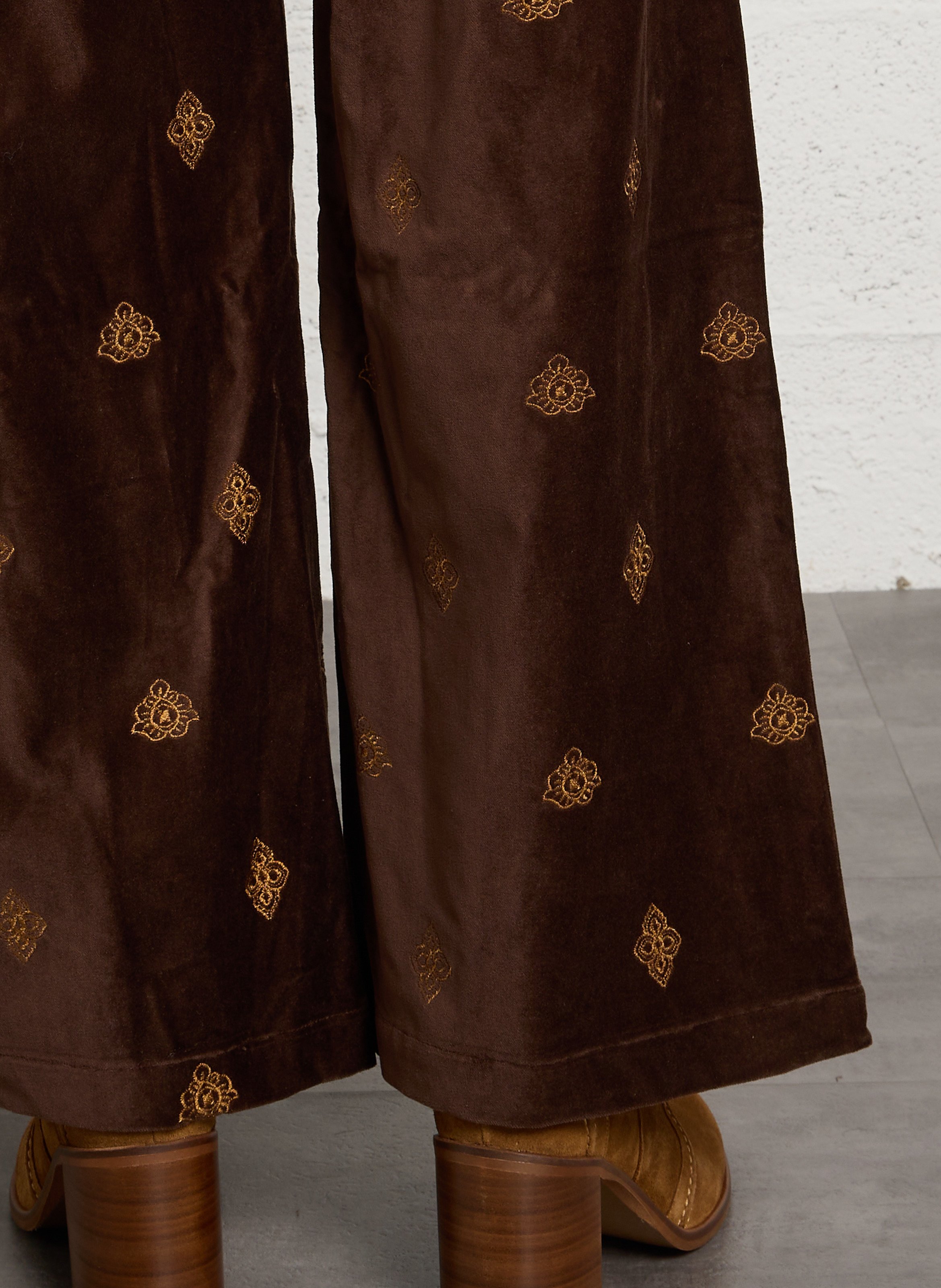 Pantalon droit velours brodé en coton LA PETITE ETOILE Marron