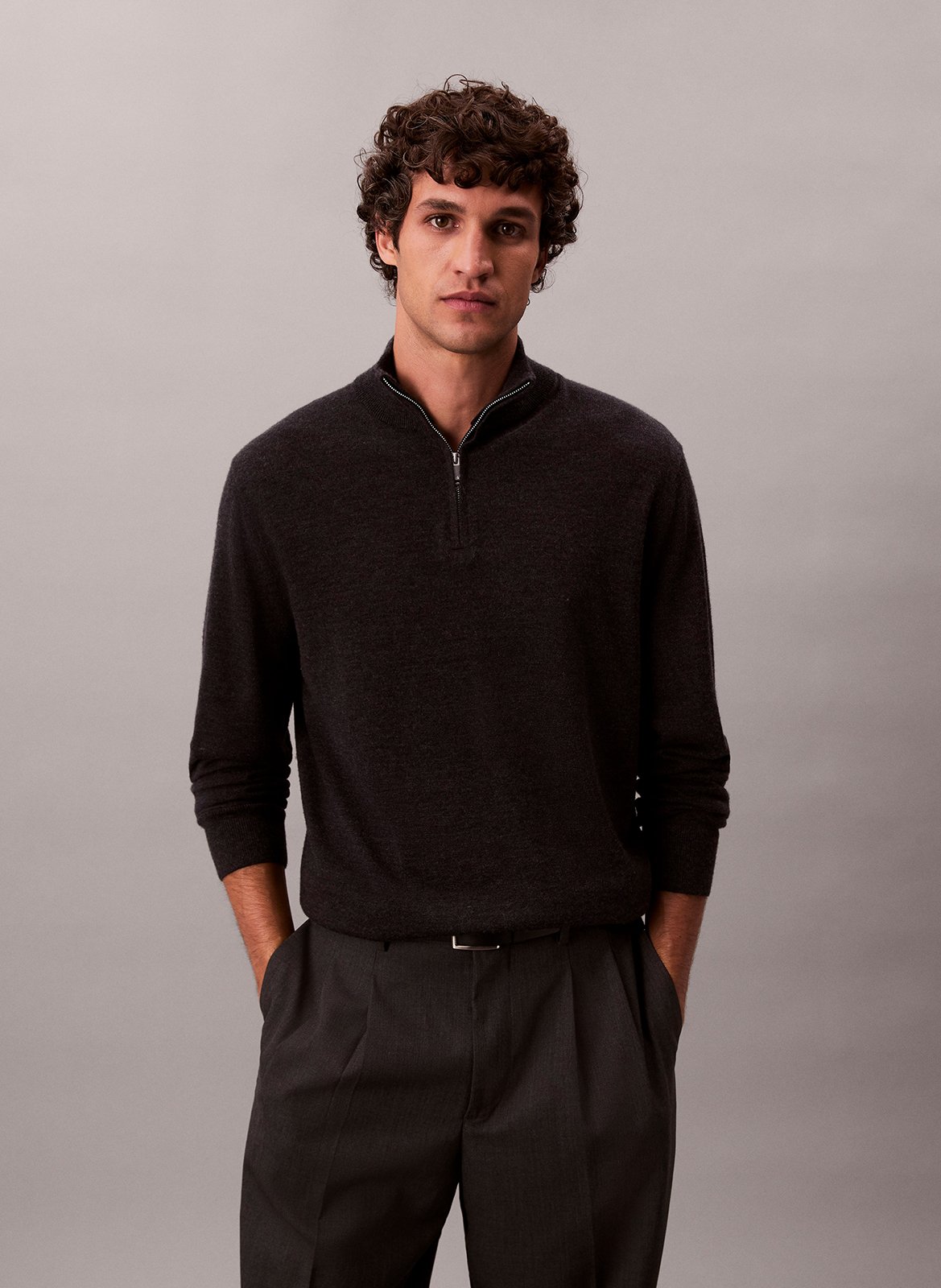 Pull col montant zippé en laine CALVIN KLEIN Gris