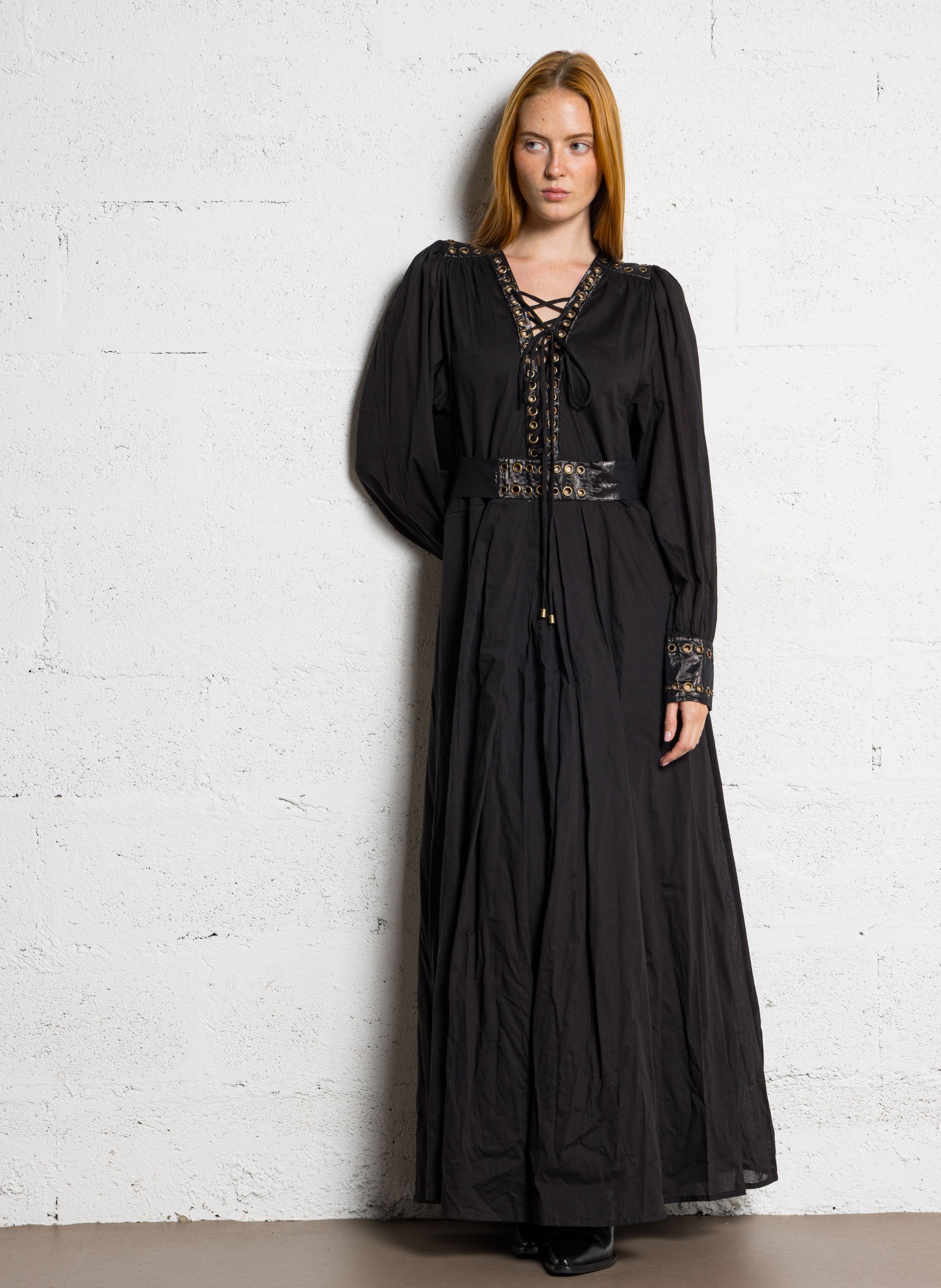 Robe longue col V en coton MES DEMOISELLES Noir