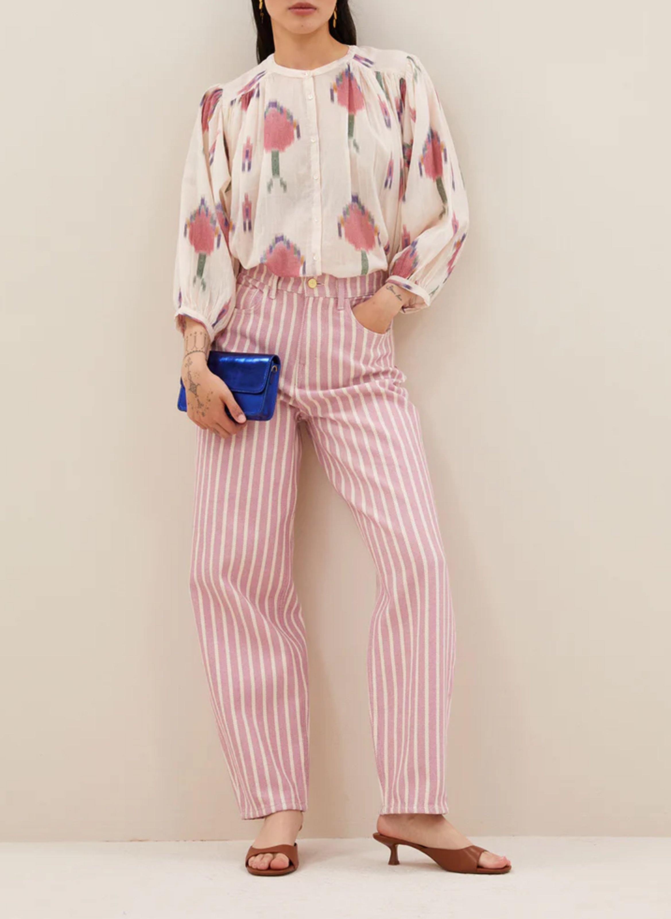 Bandplooibroek met hoge taille en strepen BY BAR Roze