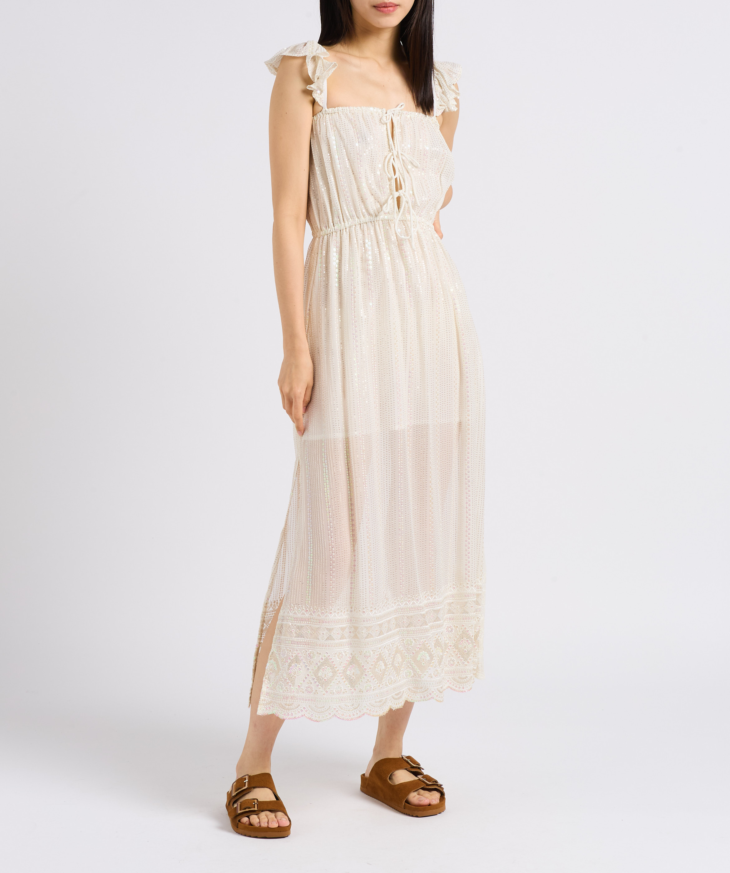 Robe longue droite col carré brodé SUNDRESS Blanc