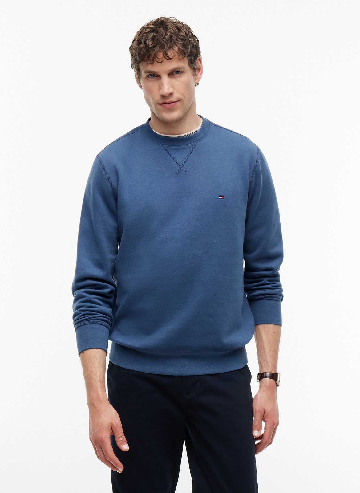 Straight-cut cotton-blend sweater with round neck TOMMY HILFIGER Blue