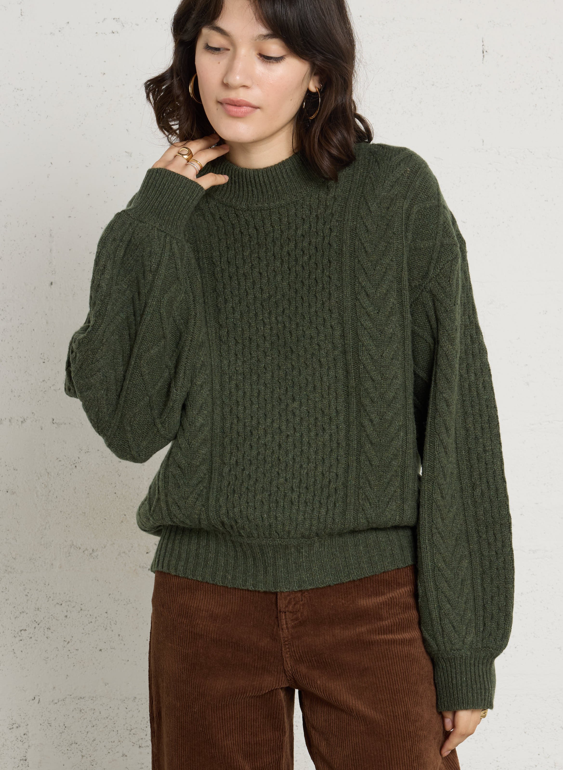 Pull col rond tressé en laine BENSIMON Kaki