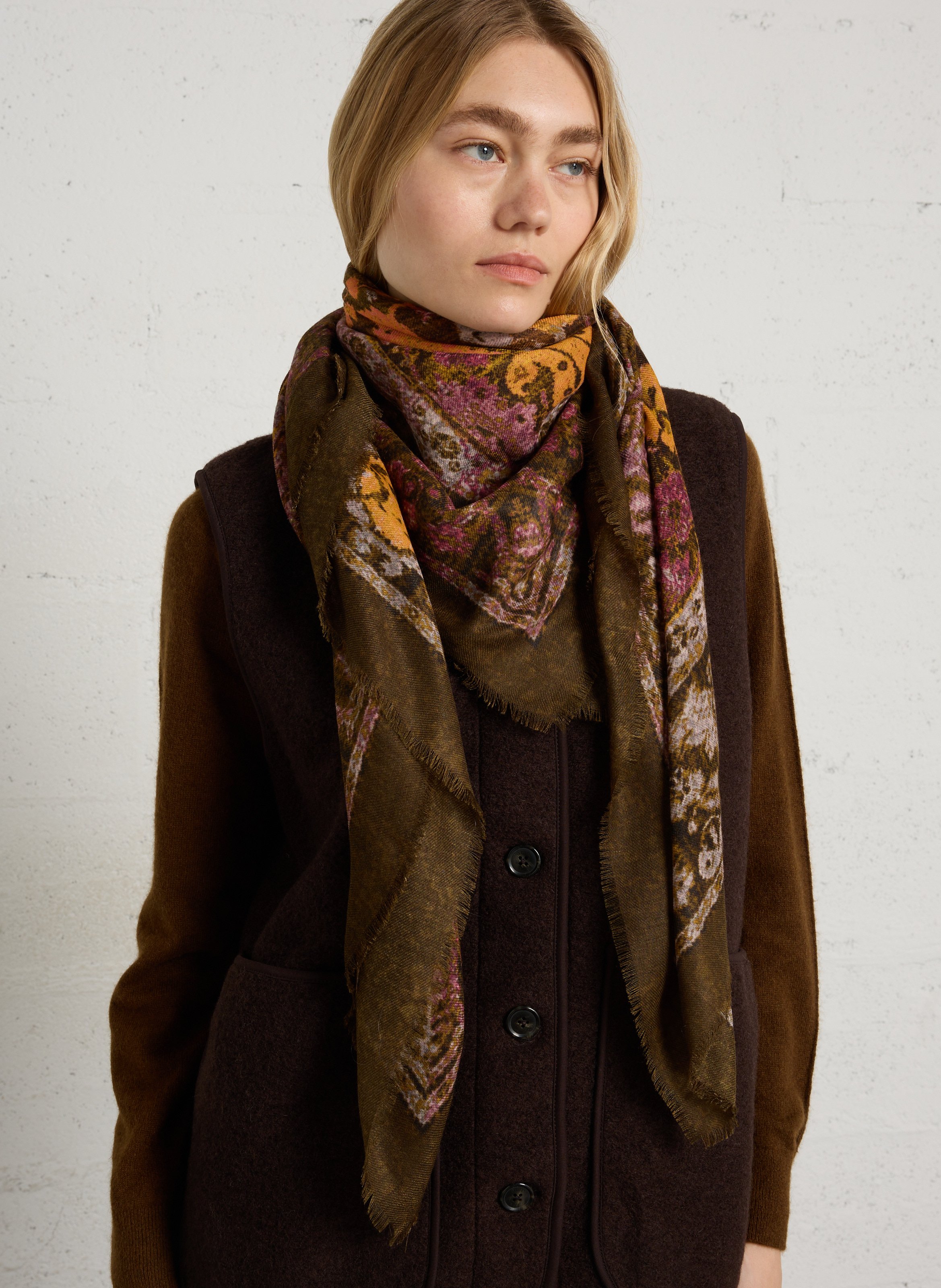 Foulard imprimé floral en laine et soie SUD EXPRESS Orange
