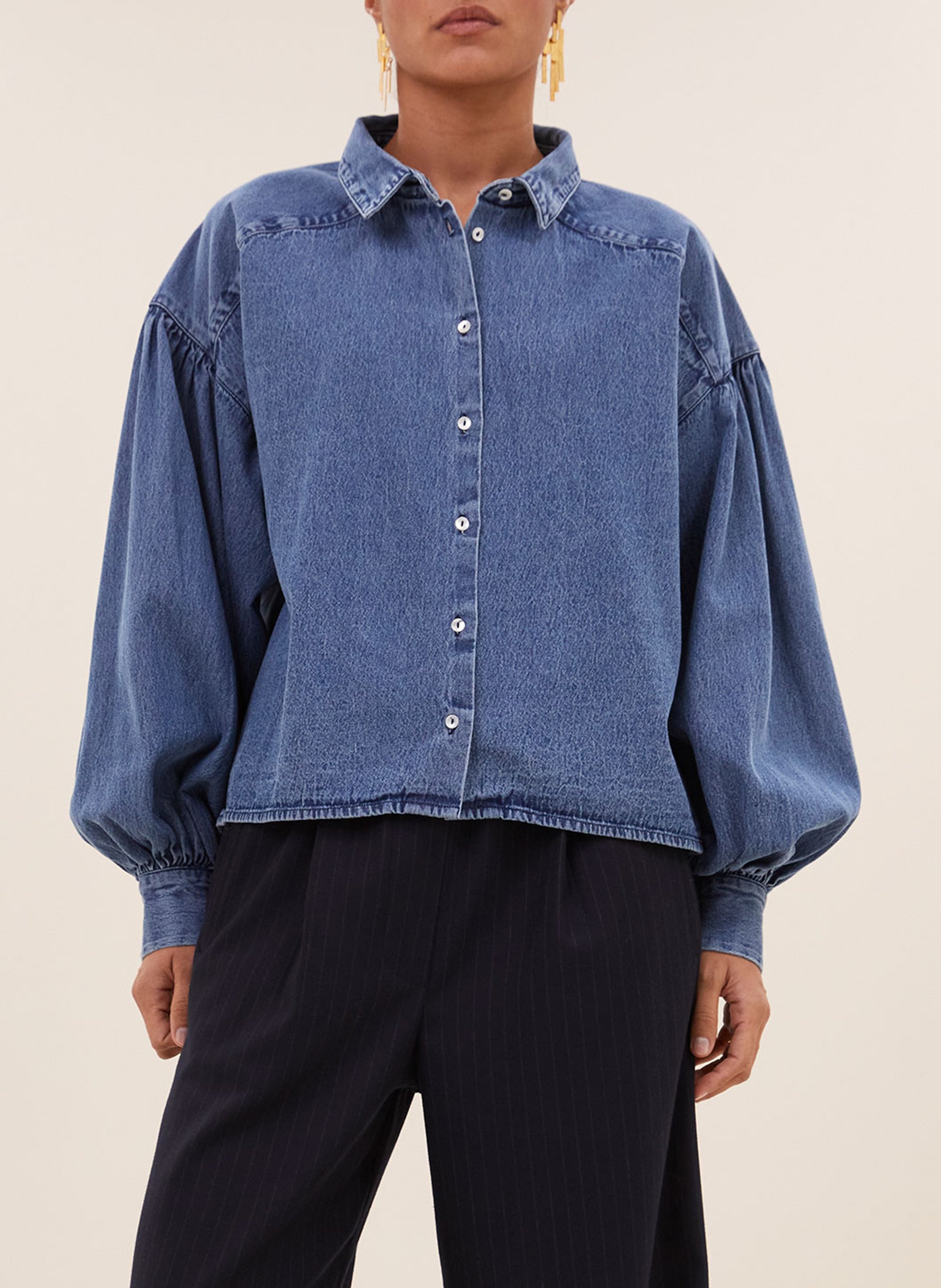 Blouse met ballonmouwen van spijkerstof BY BAR Blauw