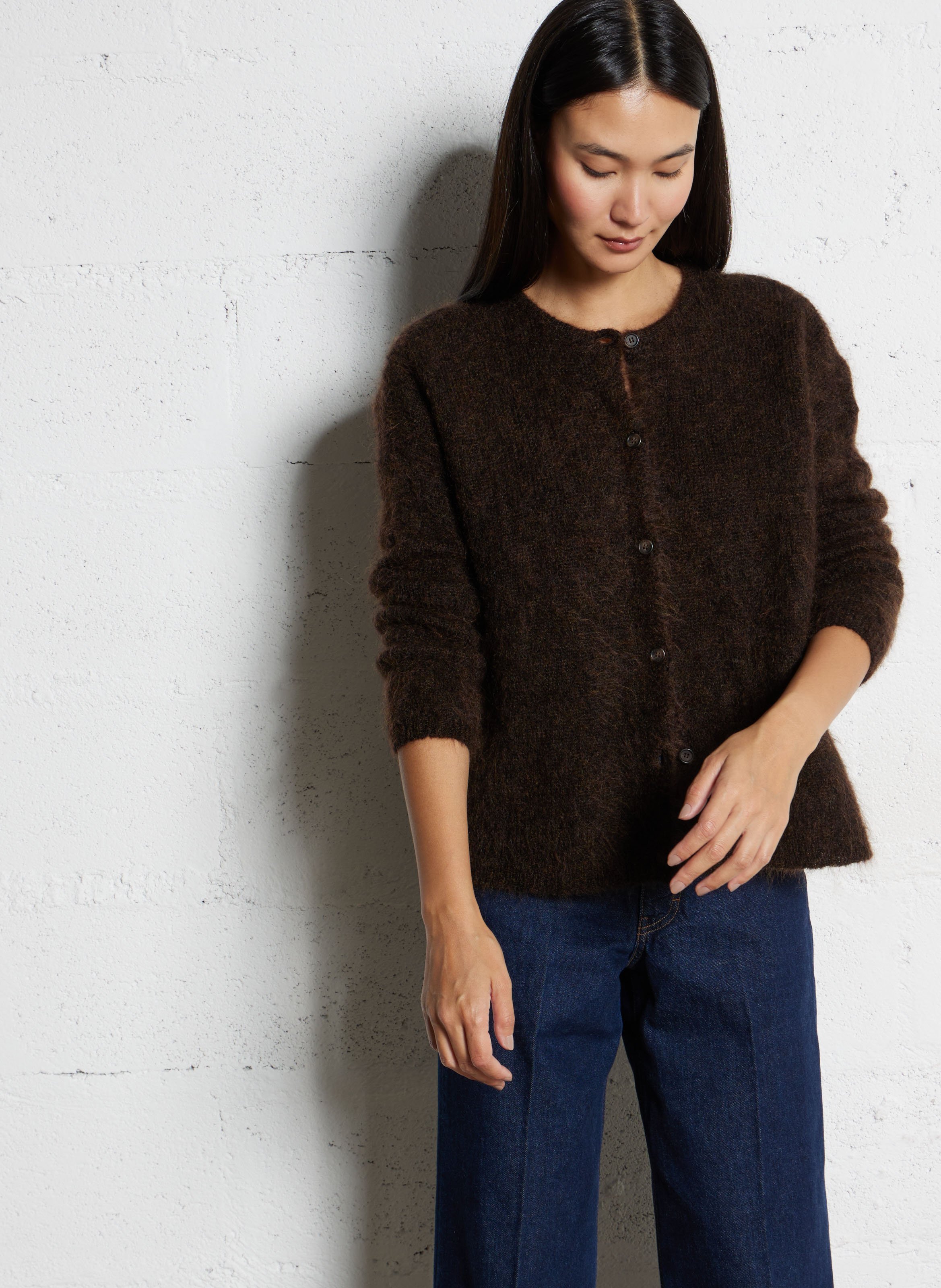 Round-neck mixed-knit cardigan DES PETITS HAUTS Brown