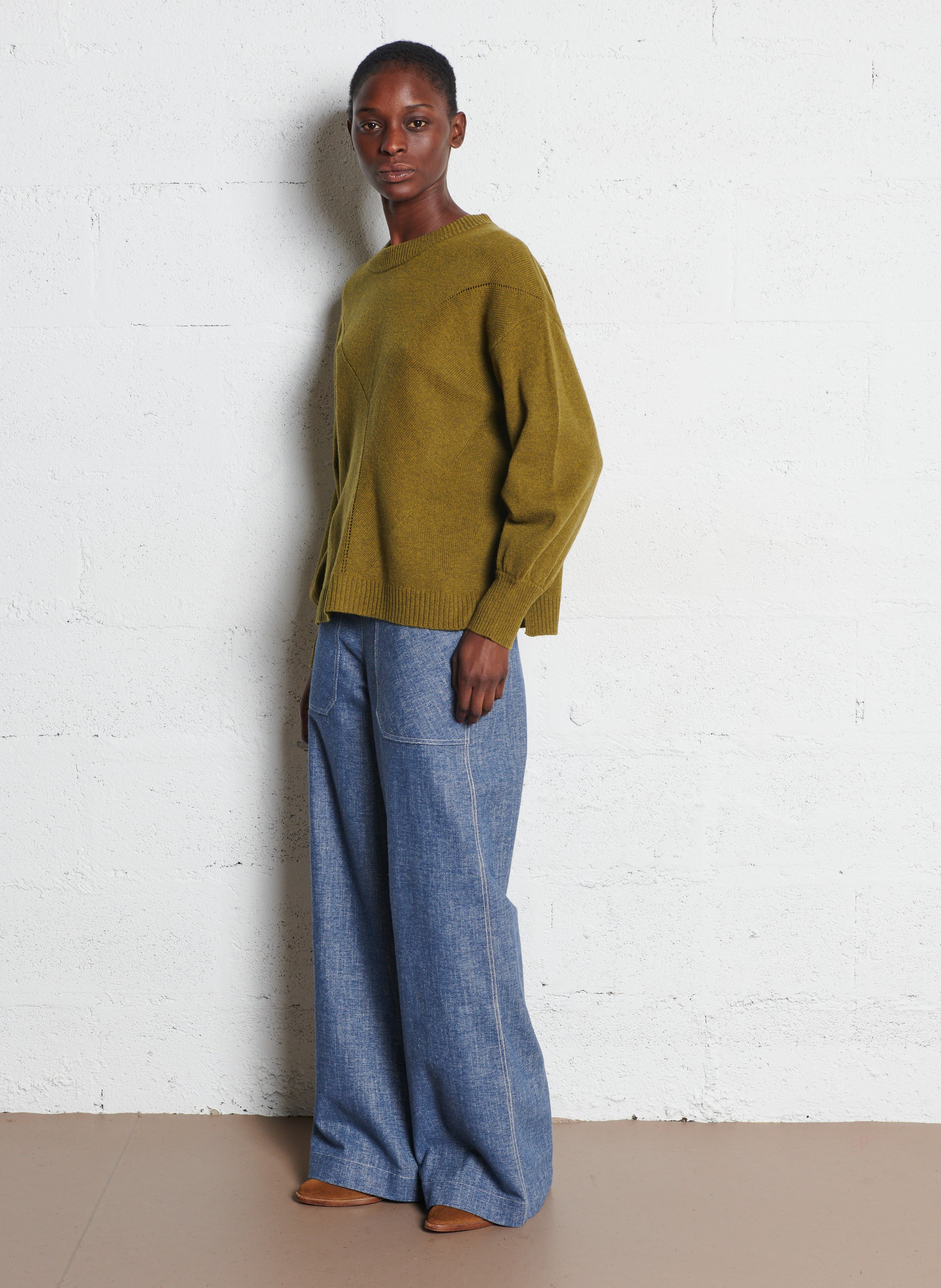 Pull ample col rond ajouré en laine mérinos BENSIMON Kaki