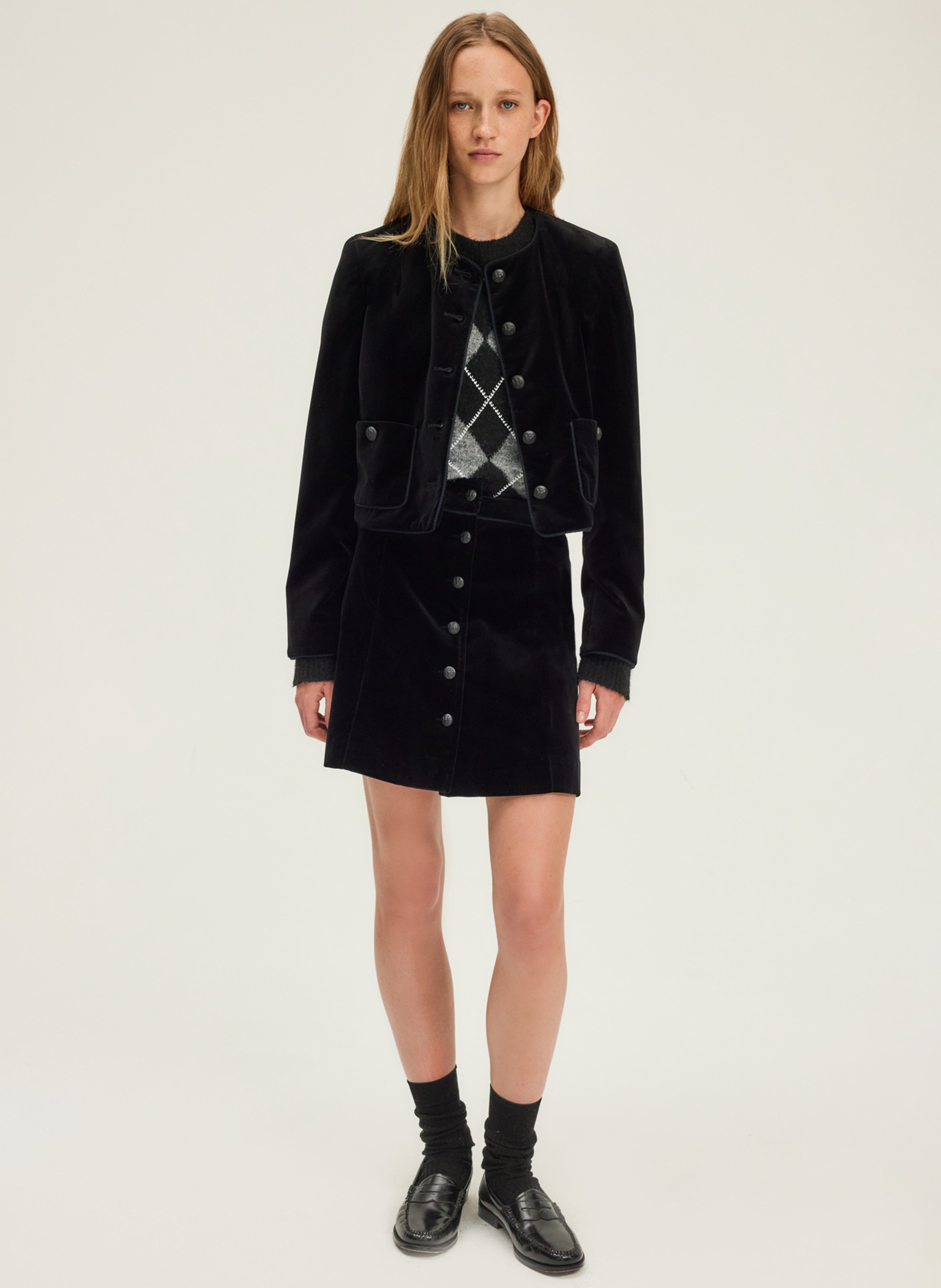 Veste courte droite boutonnée en velours PABLO Noir