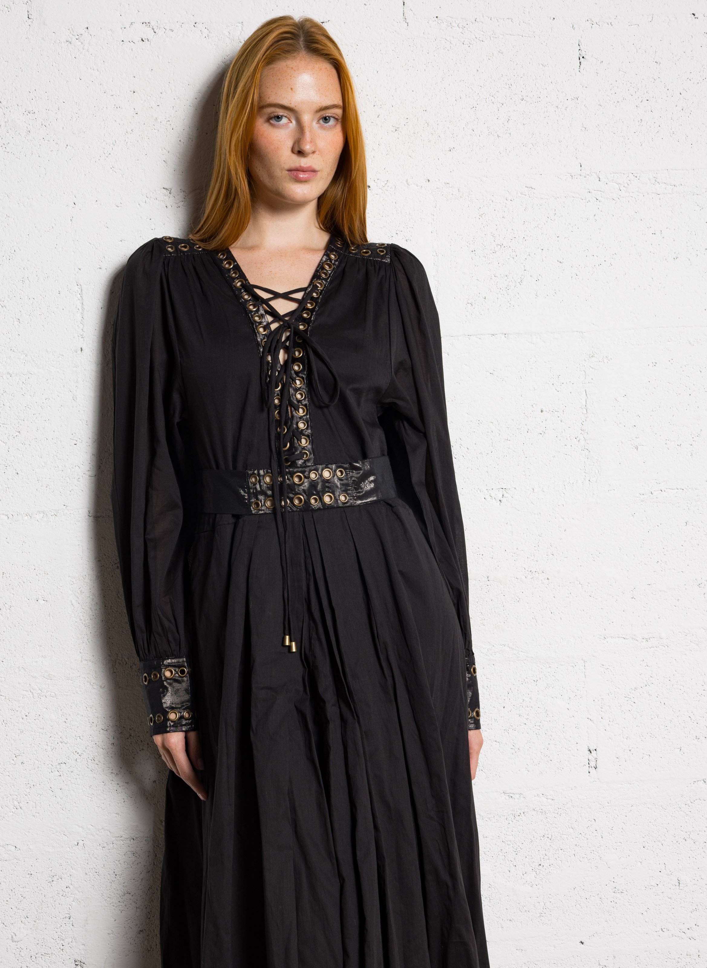 Robe longue col V en coton MES DEMOISELLES Noir