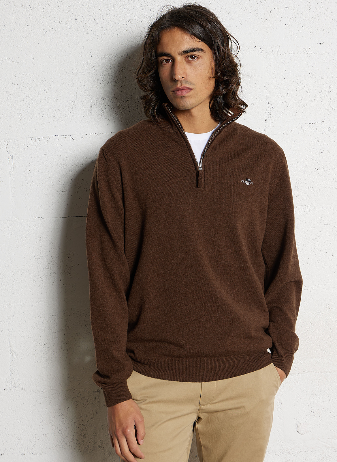 High-neck wool sweater with zip GANT Brown