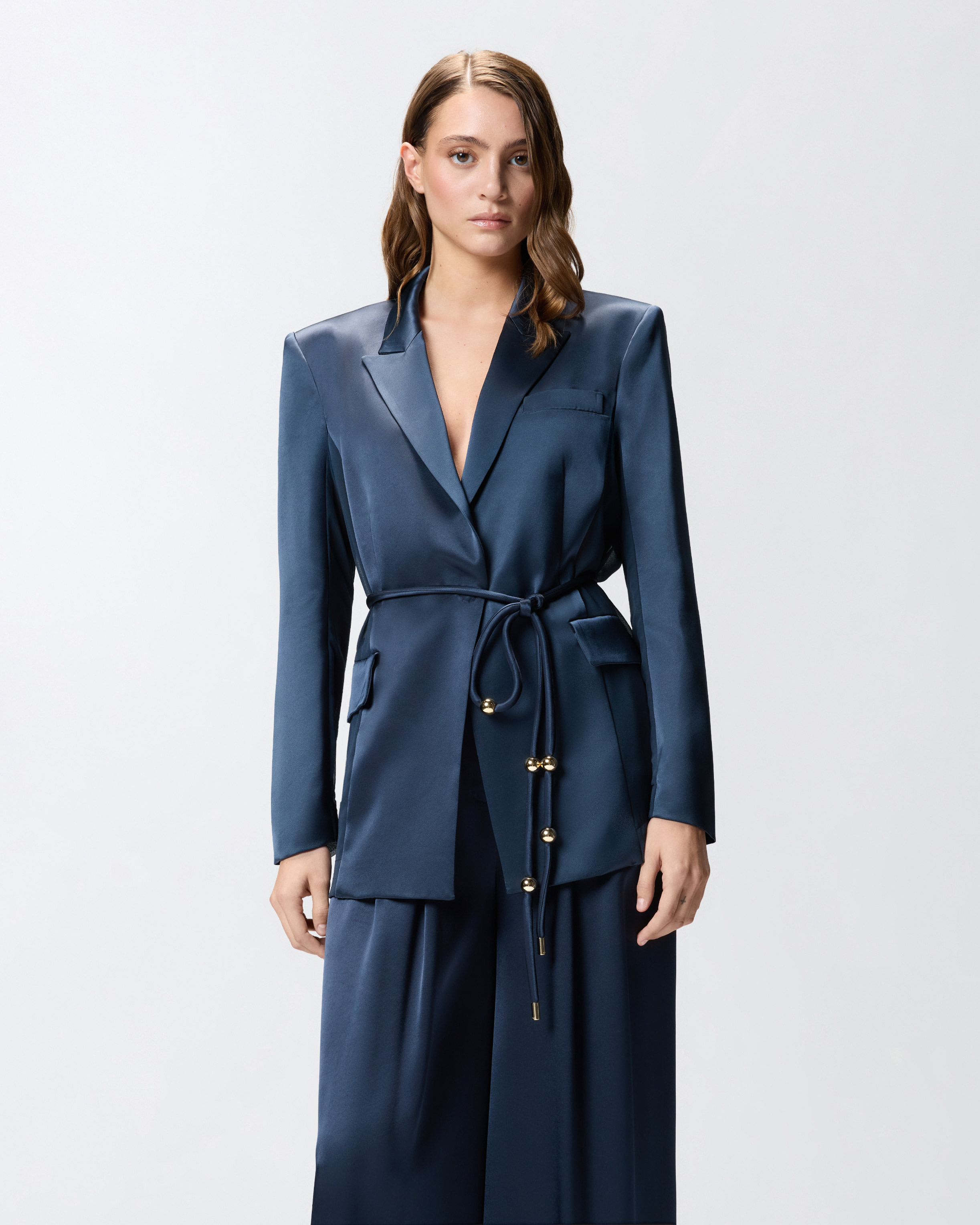 Shiny satin blazer with belt and button PINKO