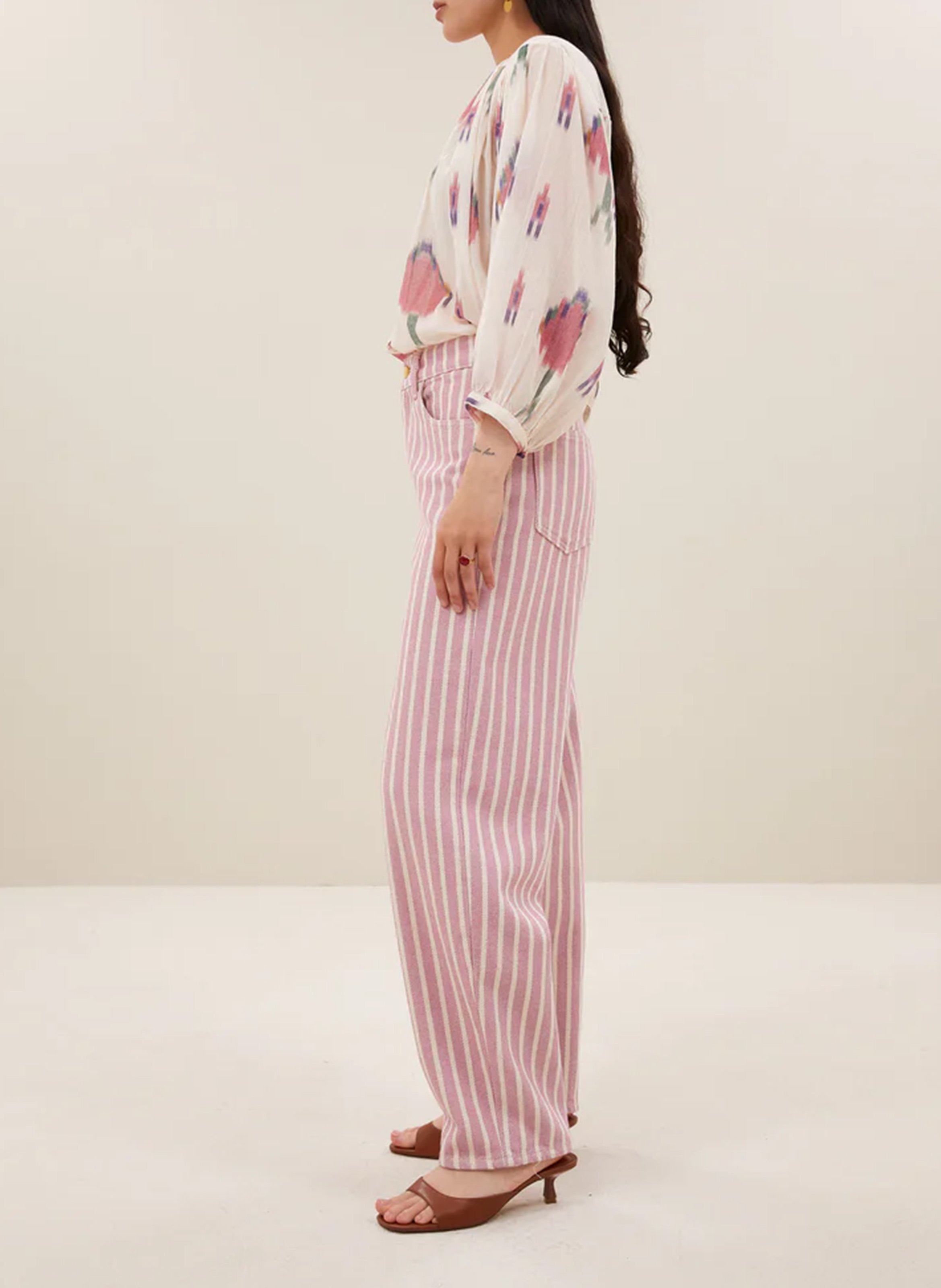 Bandplooibroek met hoge taille en strepen BY BAR Roze