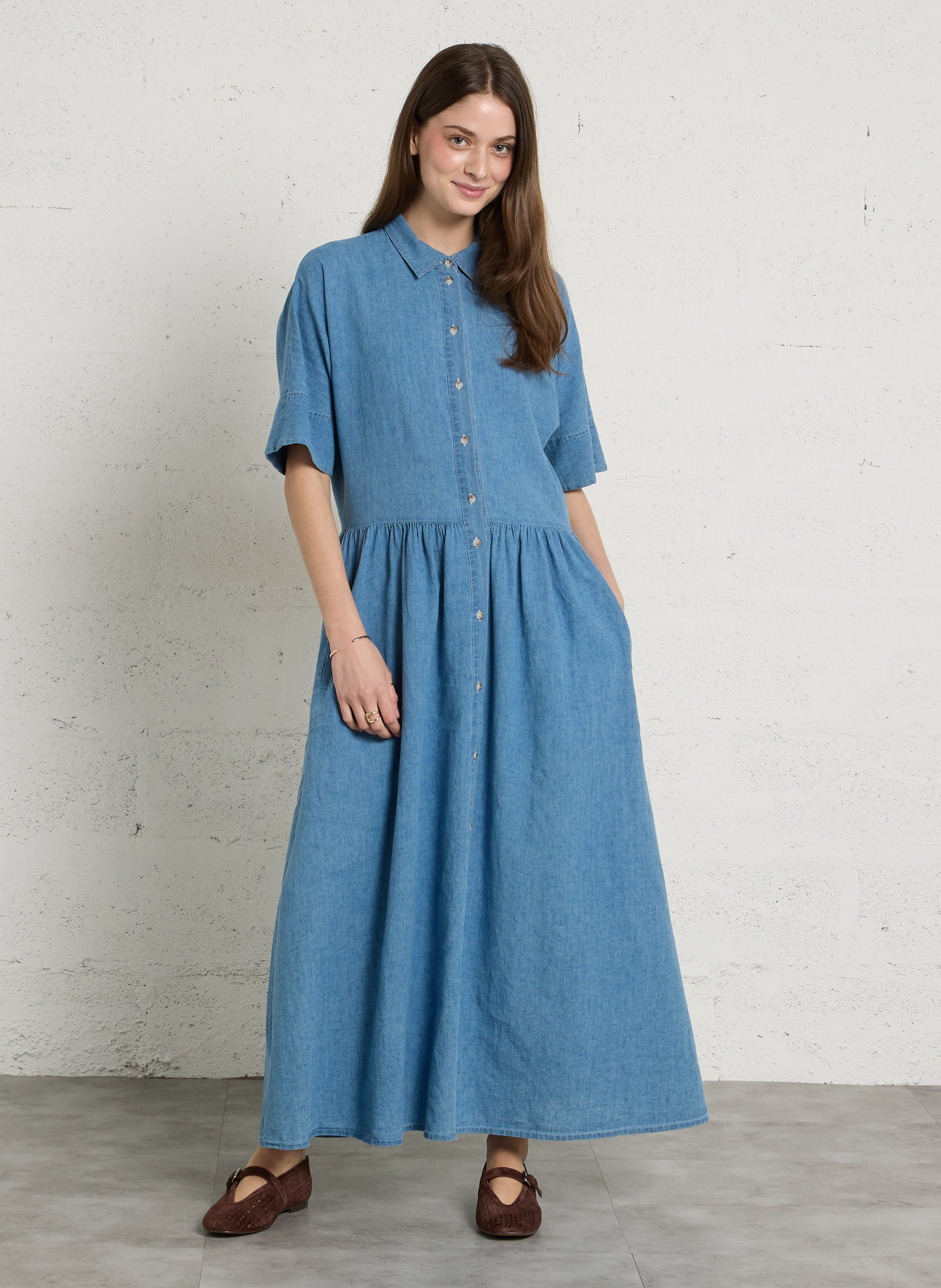 Long dress with classic collar in blended linen SUZIE WINKLE Blue