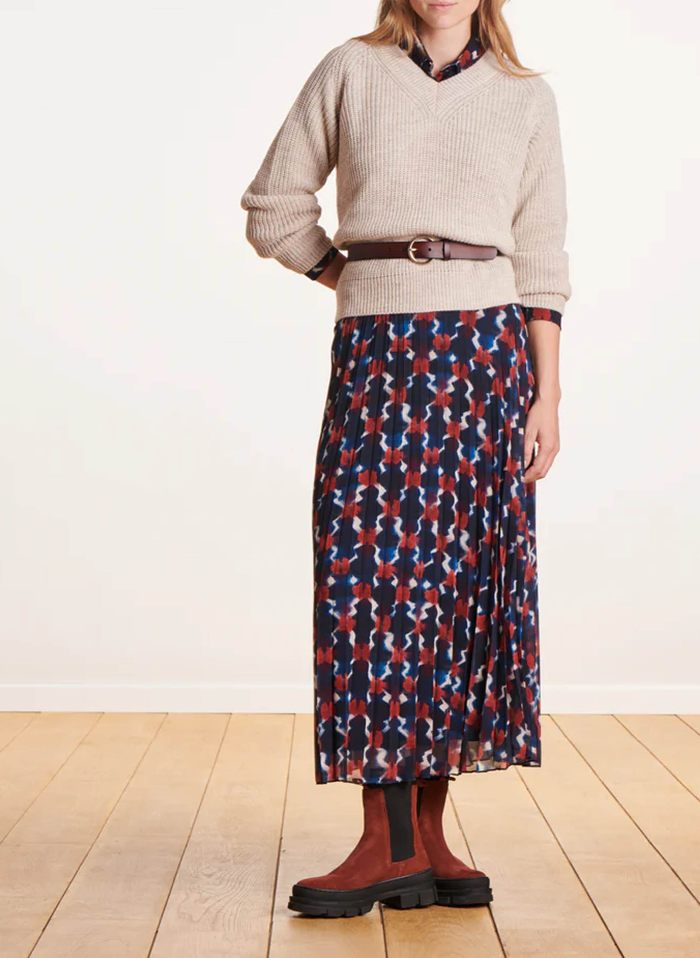 Gerade geschnittener Strick-Mix-Pullover mit V-Ausschnitt LA FEE MARABOUTEE Beige