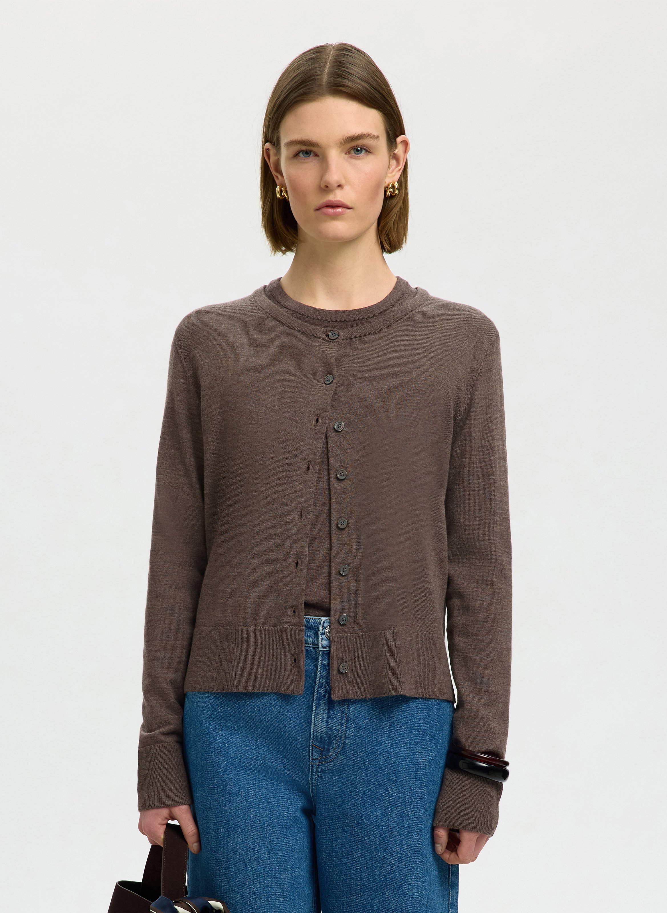 Cardigan droit boutonné chiné SELECTED Marron