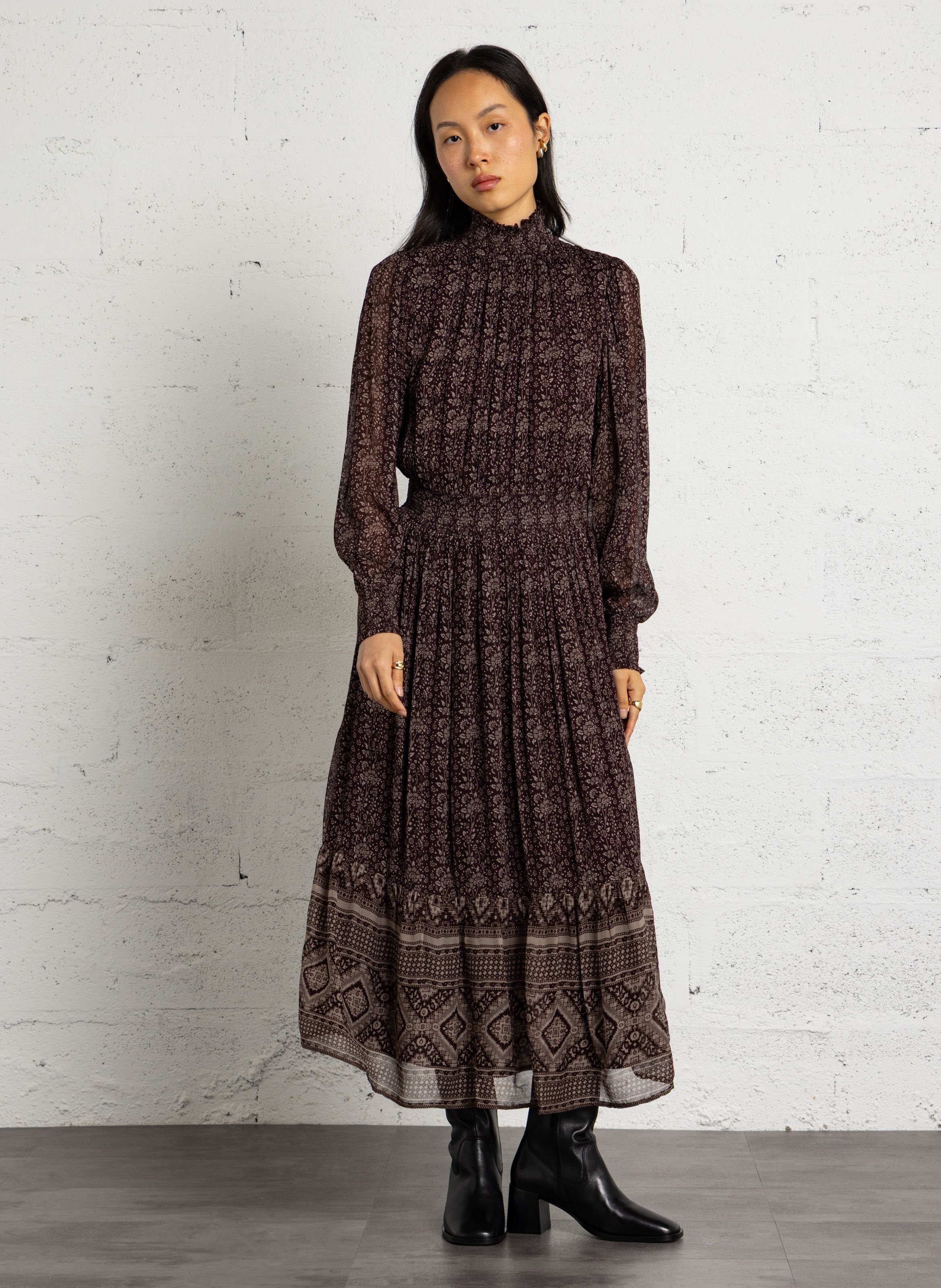 Robe cintrée col victorien imprimé fleuri PETITE MENDIGOTE Marron