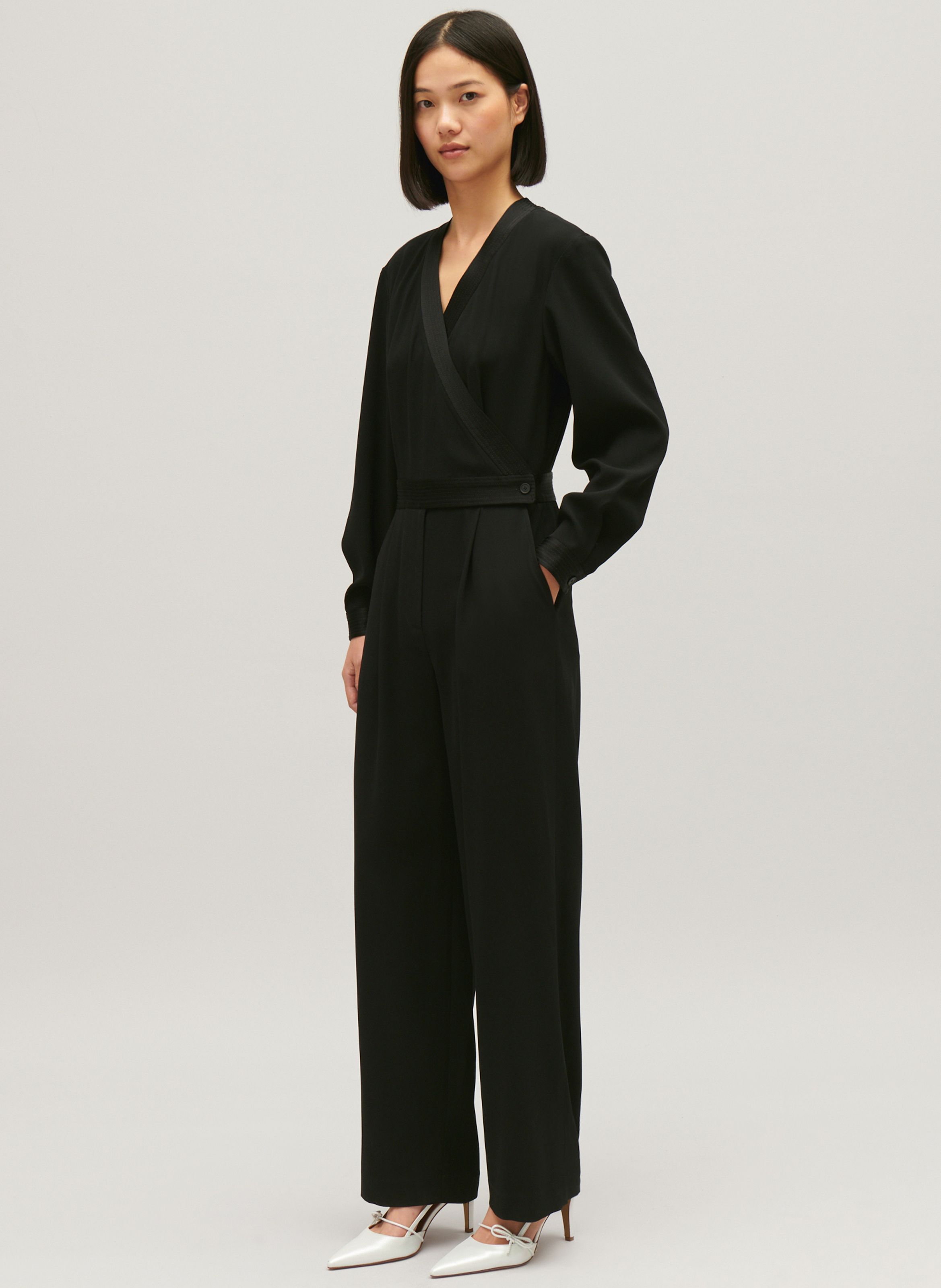 Black Wrapover jumpsuit with satin insert