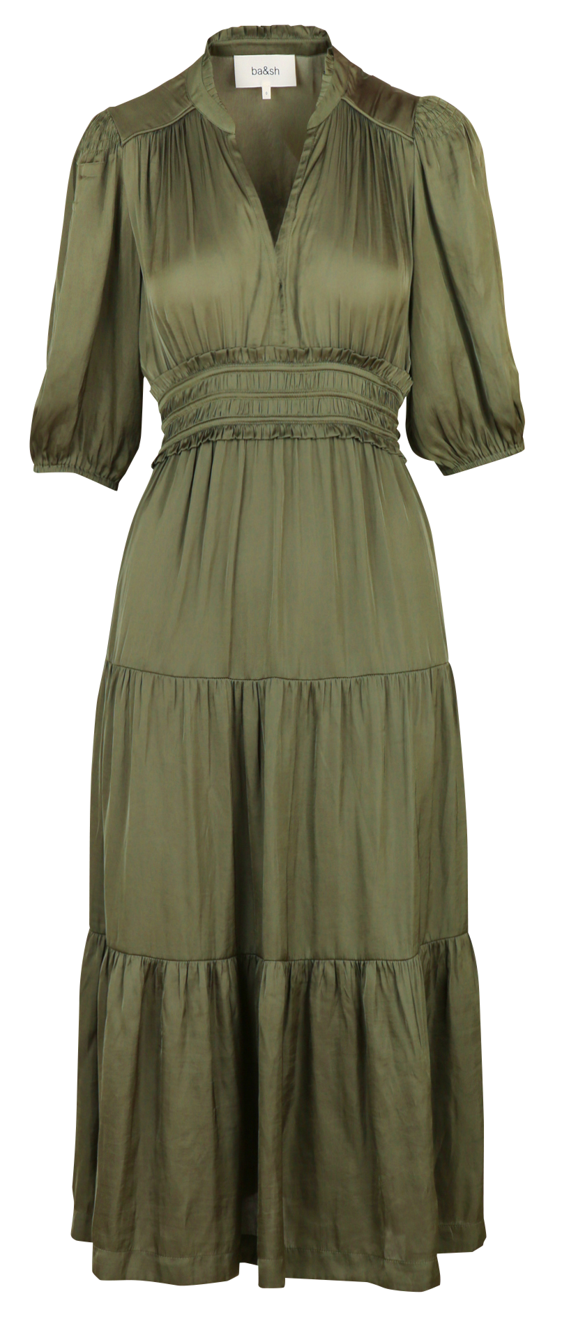 Lang gerimpelde lange jurk met een tuniek kraag in satijn BA&SH Kaki