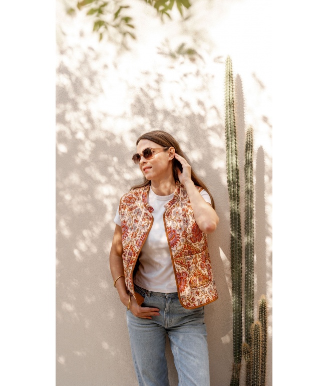 Quilted sleeveless printed indira vest BINDI ATELIER Brown