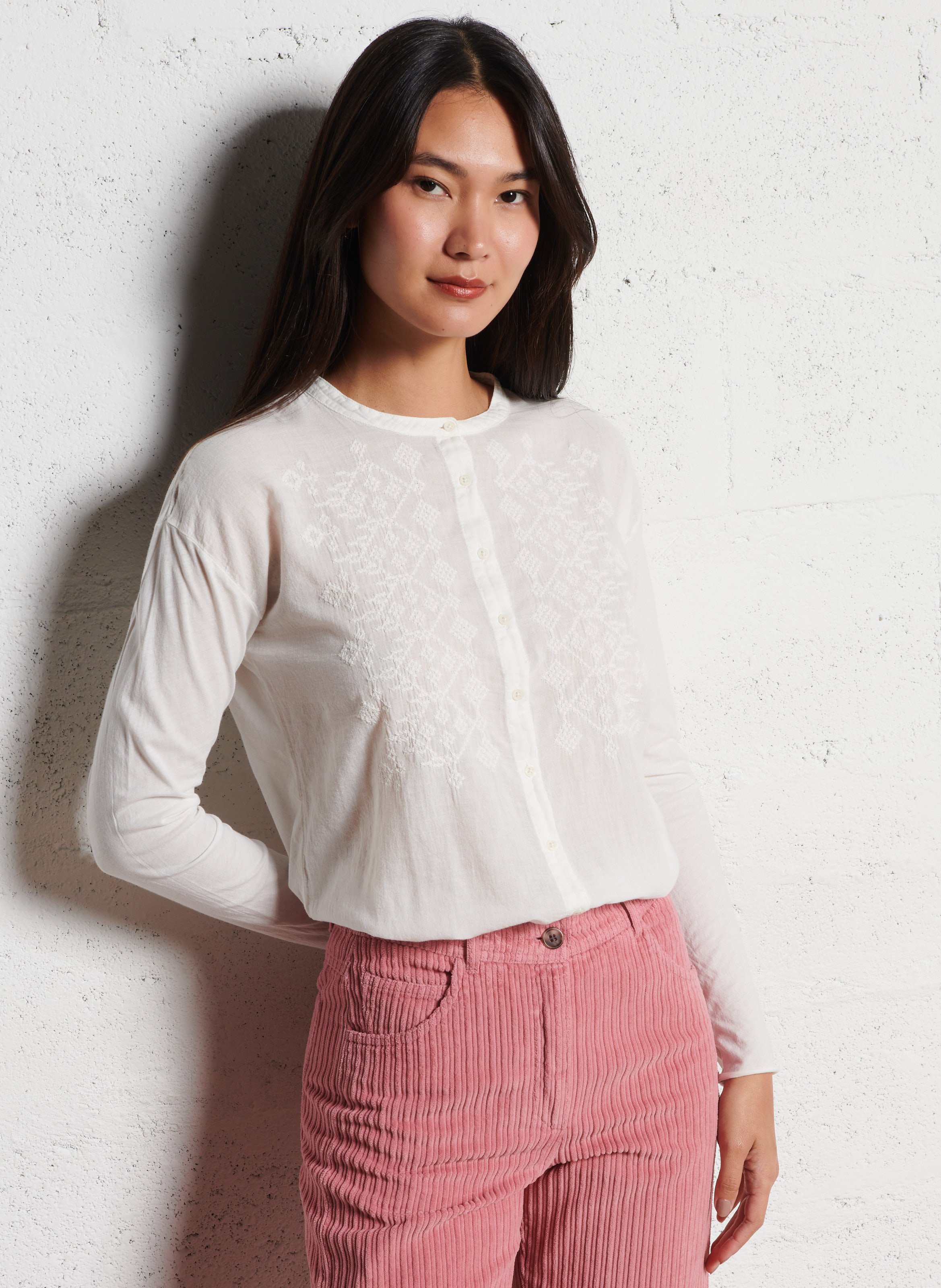 Chemise droite col rond en coton HARTFORD Blanc