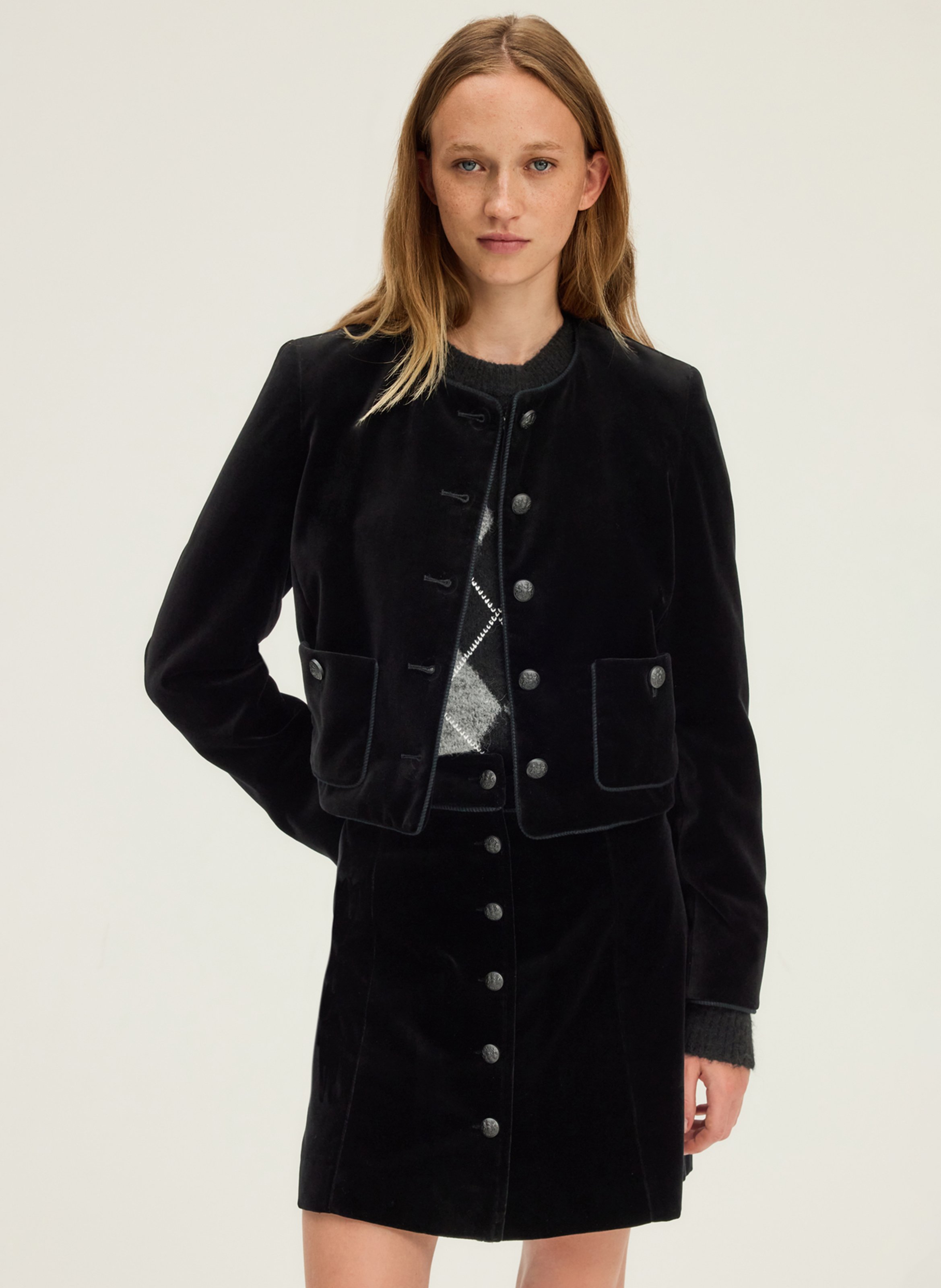 Veste courte droite boutonnée en velours PABLO Noir