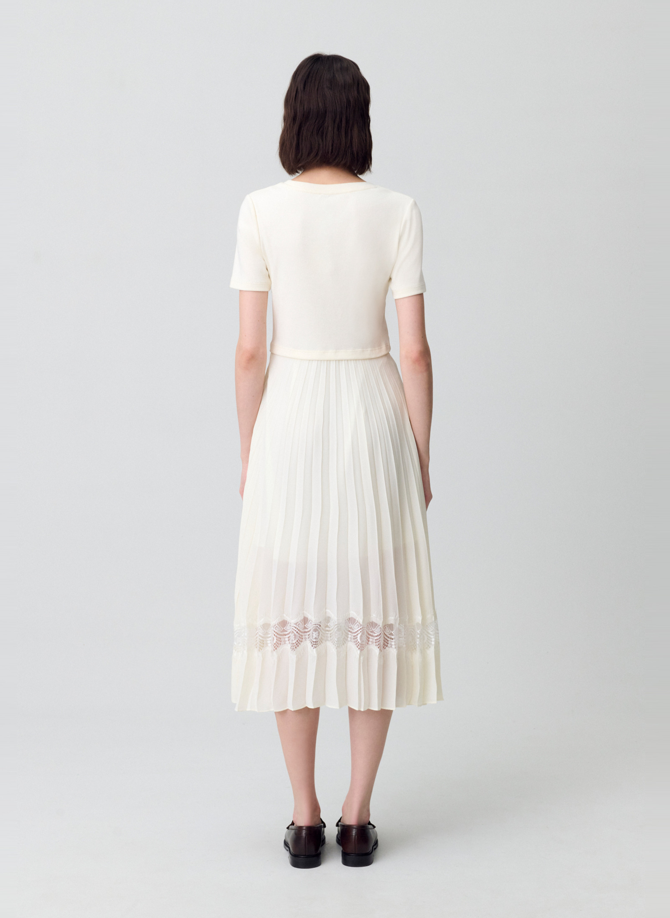Robe midi col rond bi-matière plissée en coton  CLAUDIE PIERLOT Blanc