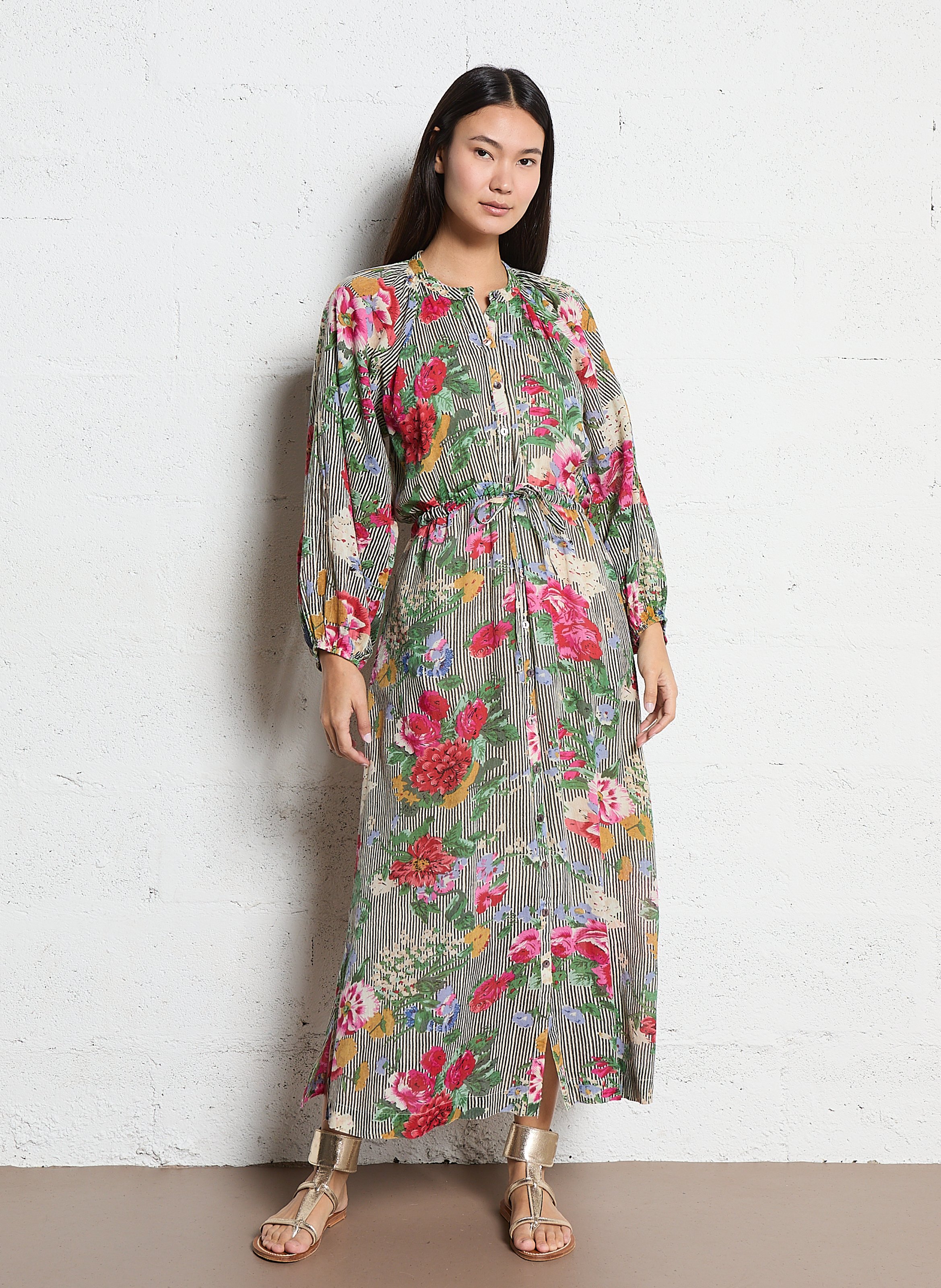 Lange, katoenen jurk met ronde hals en print MAISON HOTEL Zwart