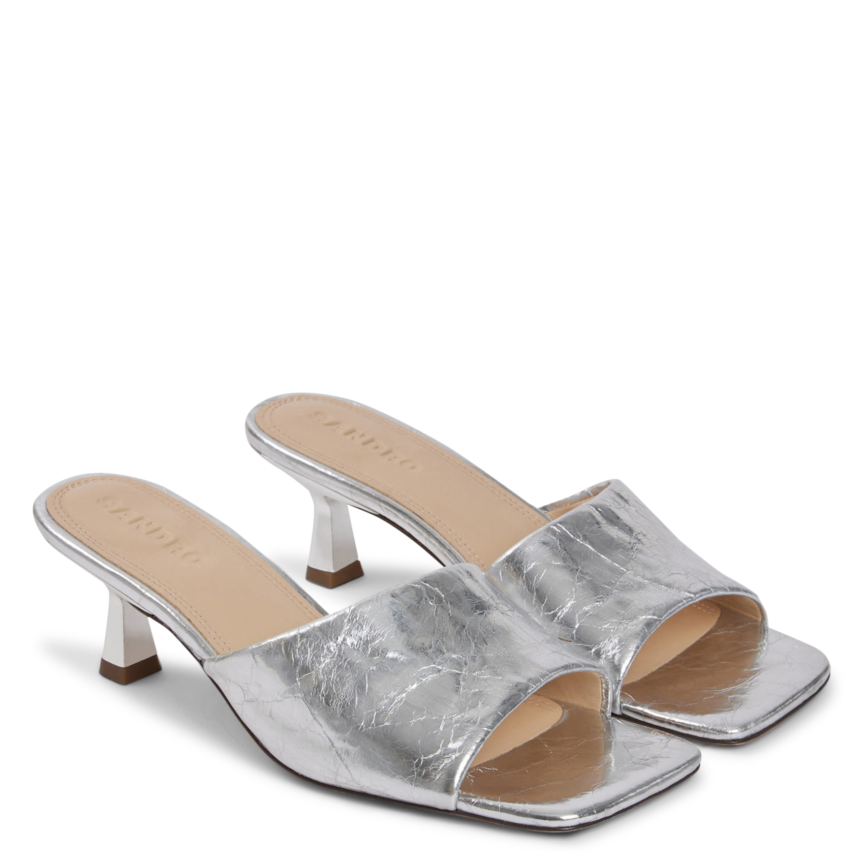 Mules brillantes carrées en cuir SANDRO Argent