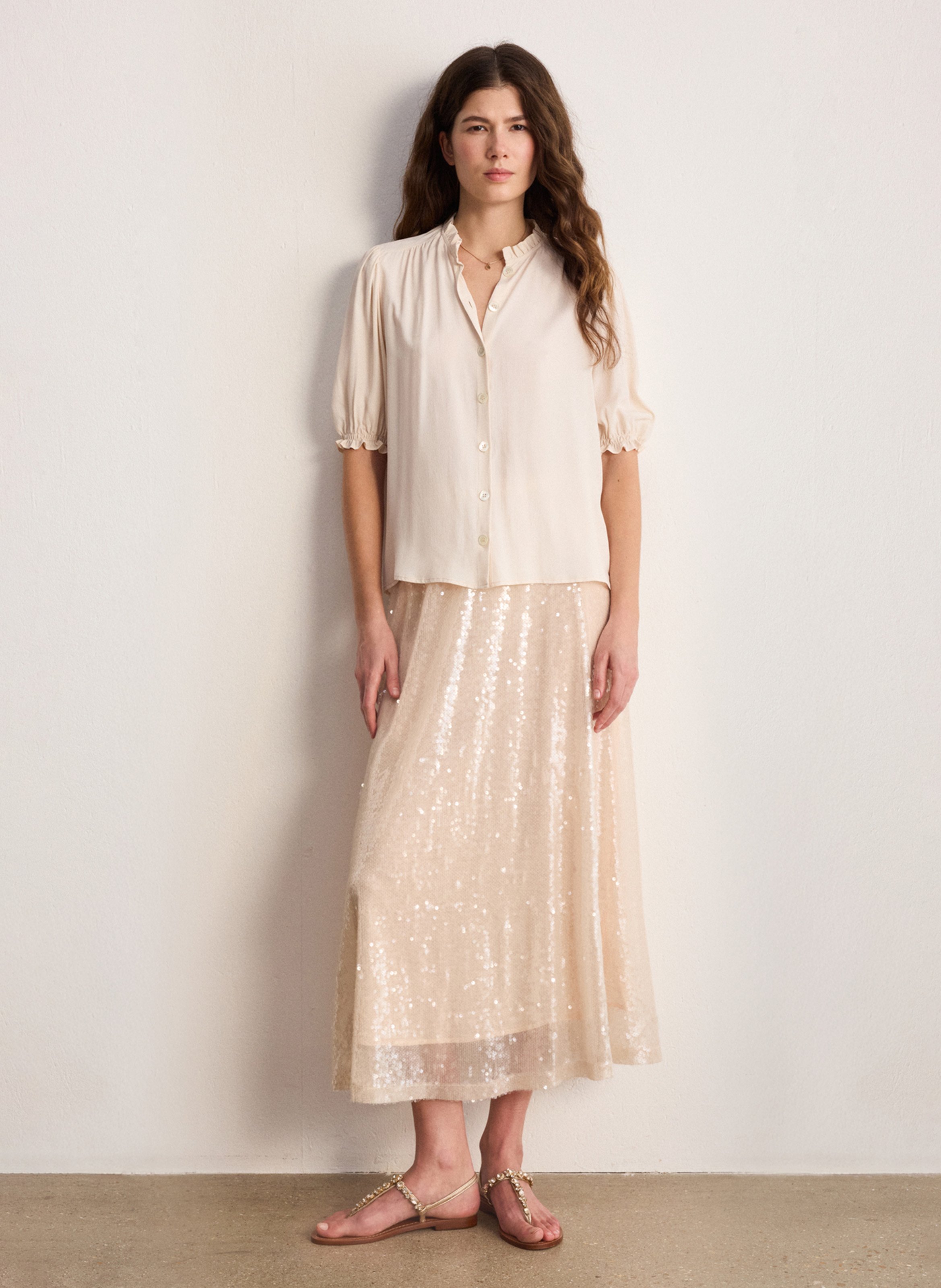 Chemise col montant à volants PABLO Beige