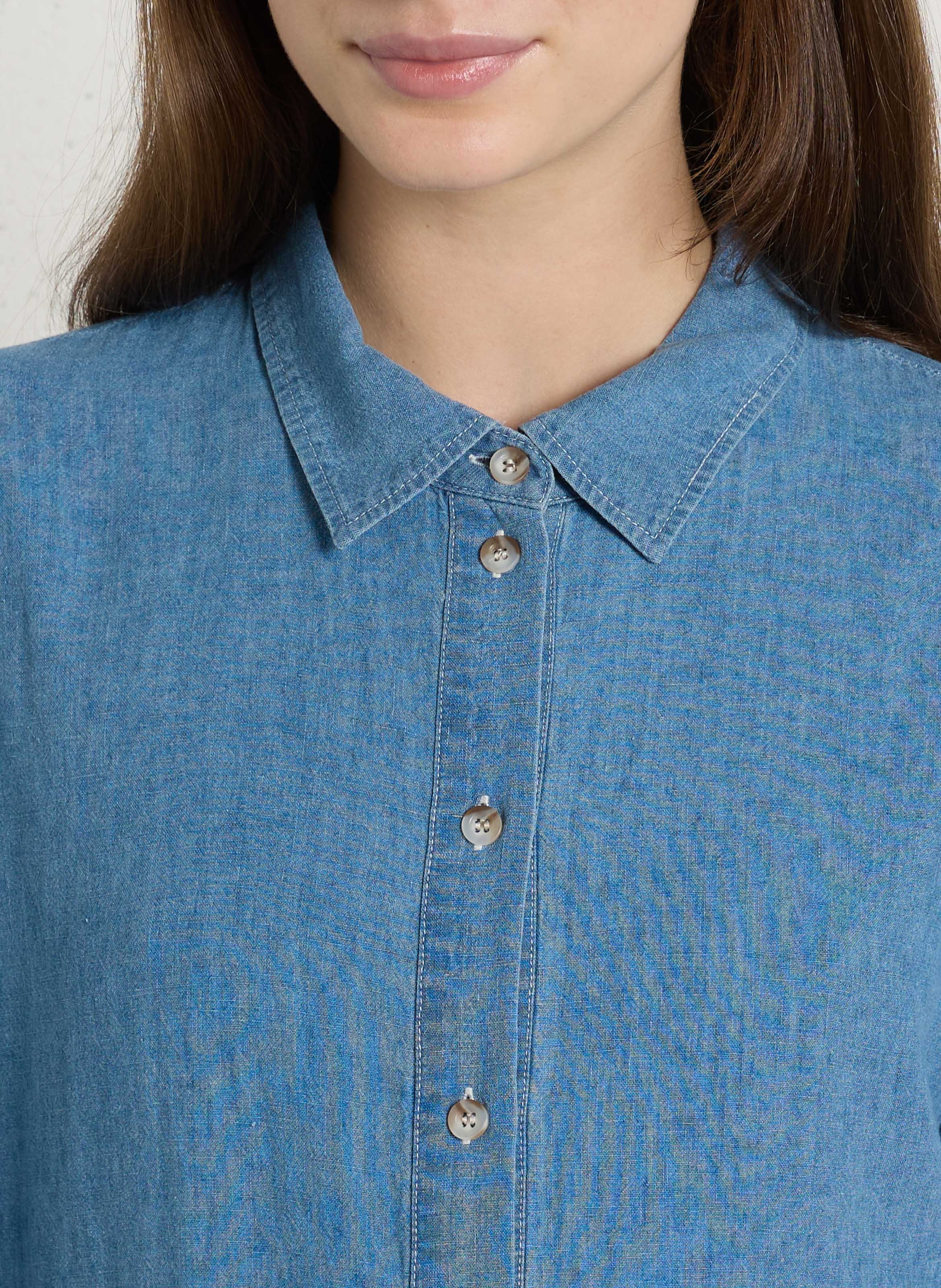 Long dress with classic collar in blended linen SUZIE WINKLE Blue