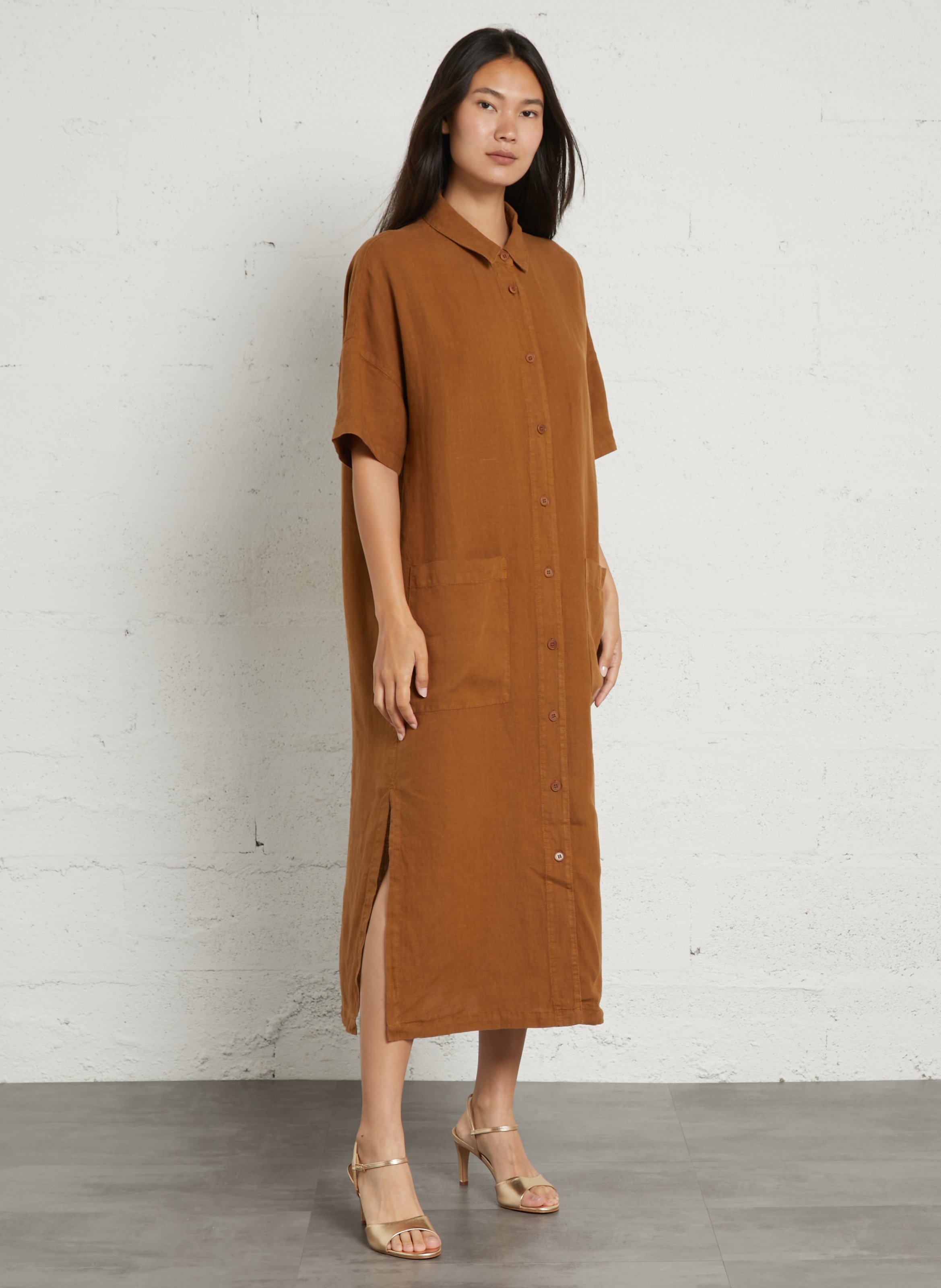 Langes, weites einfarbiges Leinenkleid BENSIMON Braun